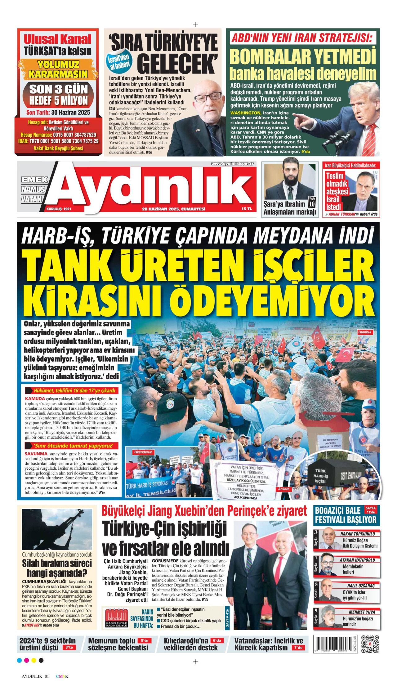 AYDINLIK GAZETESİ gazetesinin 28 Haziran 2025 tarihli birinci sayfası