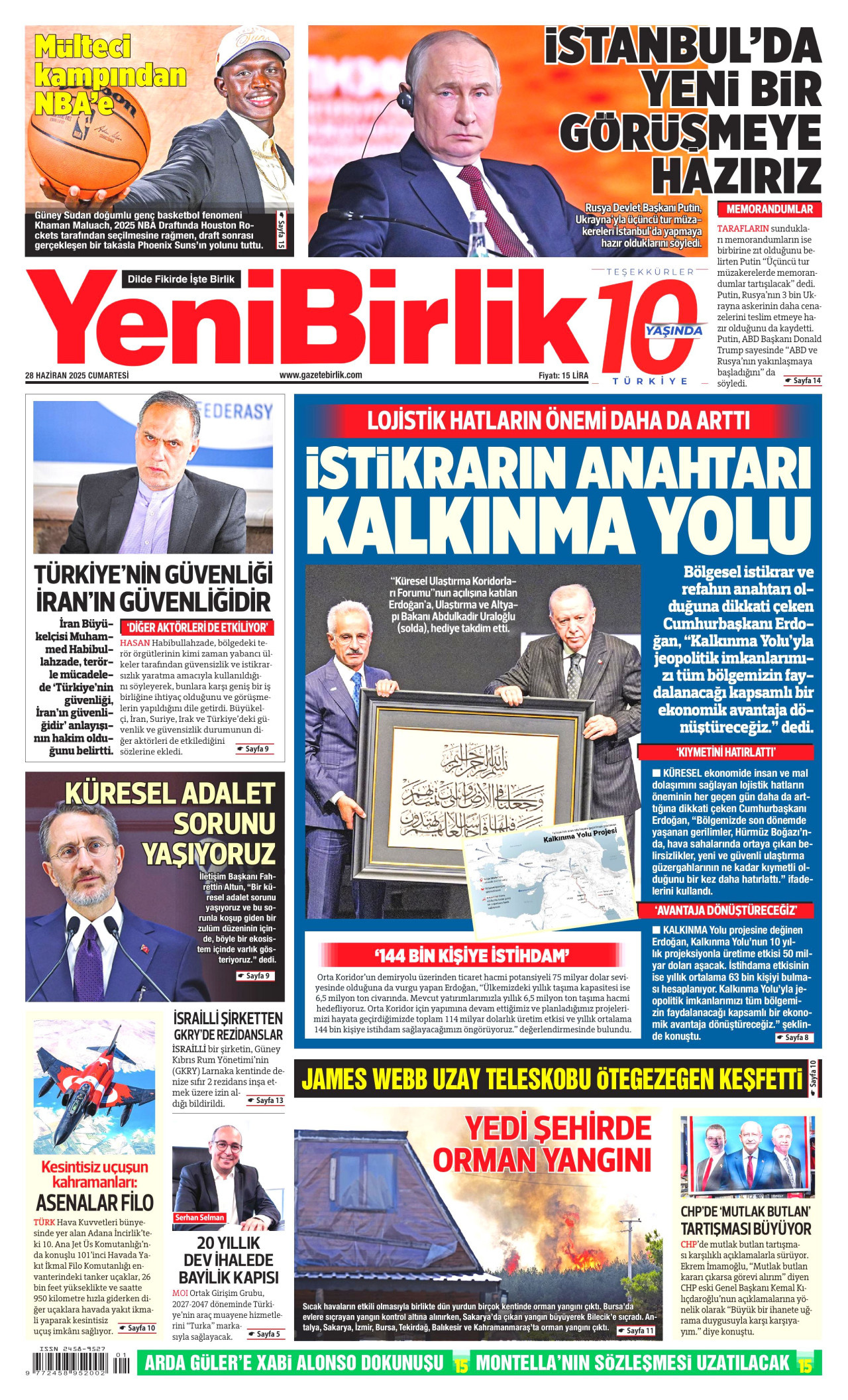 YENİBİRLİK gazetesinin 28 Haziran 2025 tarihli birinci sayfası