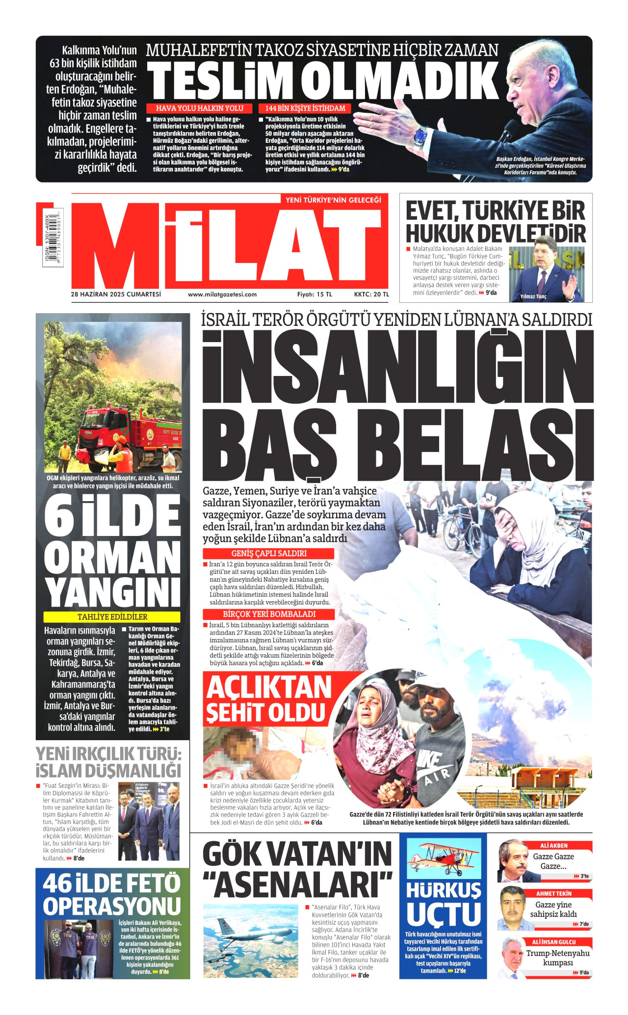 MİLAT gazetesinin 28 Haziran 2025 tarihli birinci sayfası