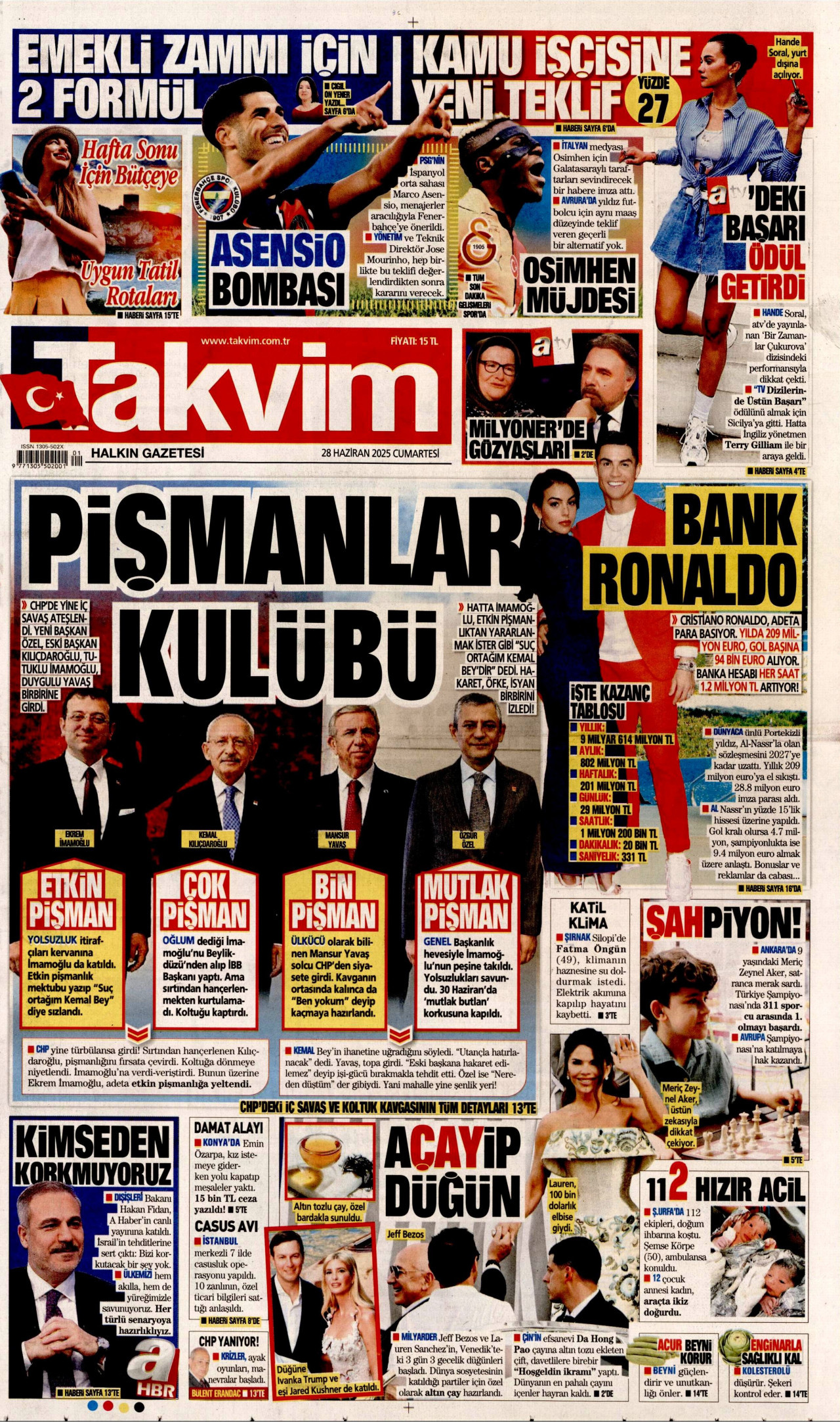 TAKVİM gazetesinin 28 Haziran 2025 tarihli birinci sayfası
