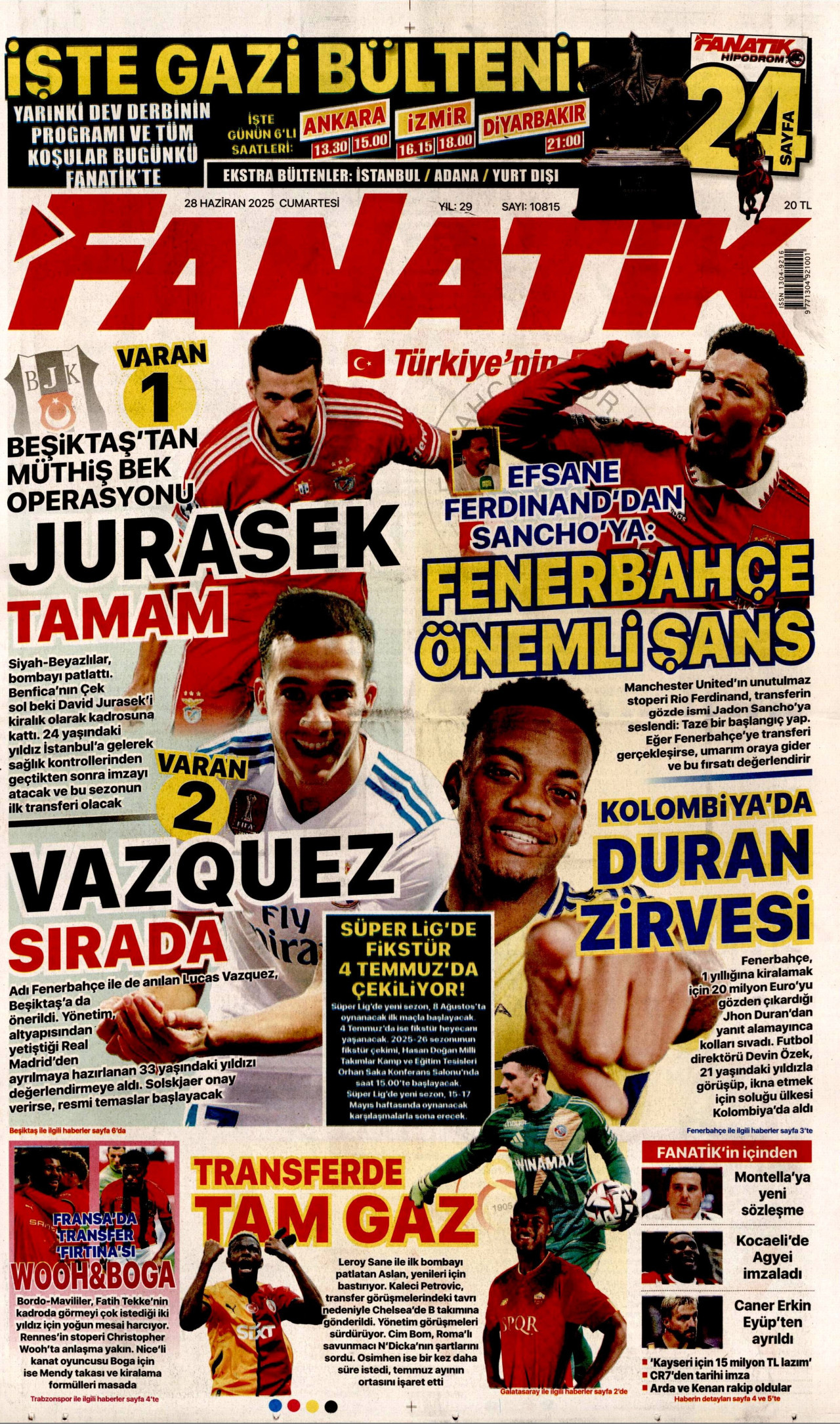 FANATİK gazetesinin 28 Haziran 2025 tarihli birinci sayfası