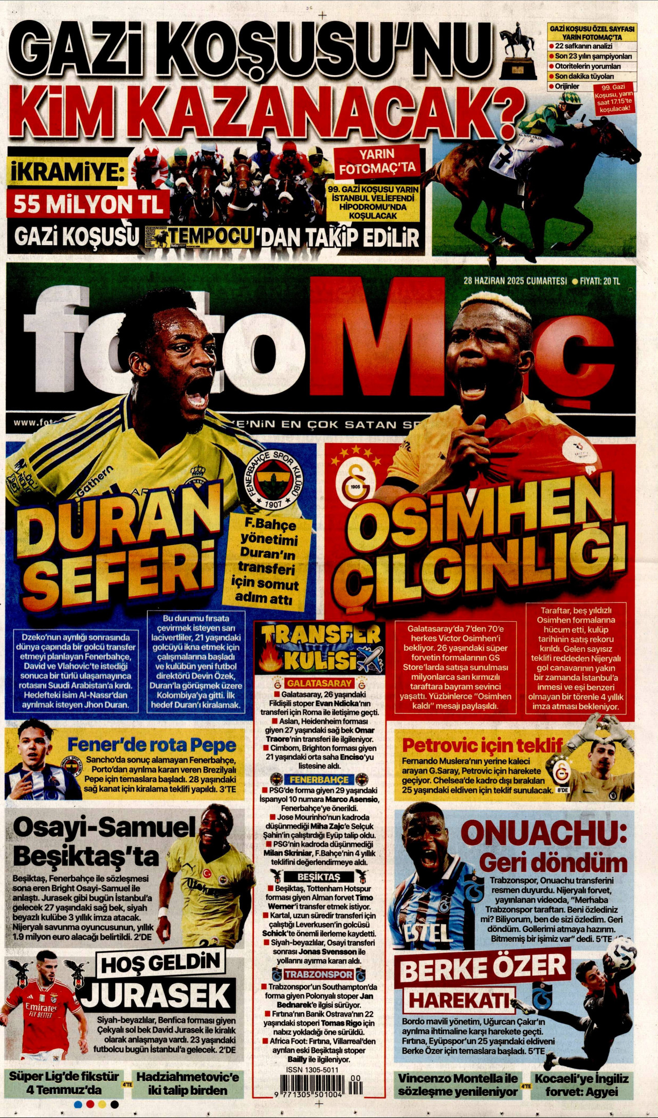 FOTOMAÇ gazetesinin 28 Haziran 2025 tarihli birinci sayfası