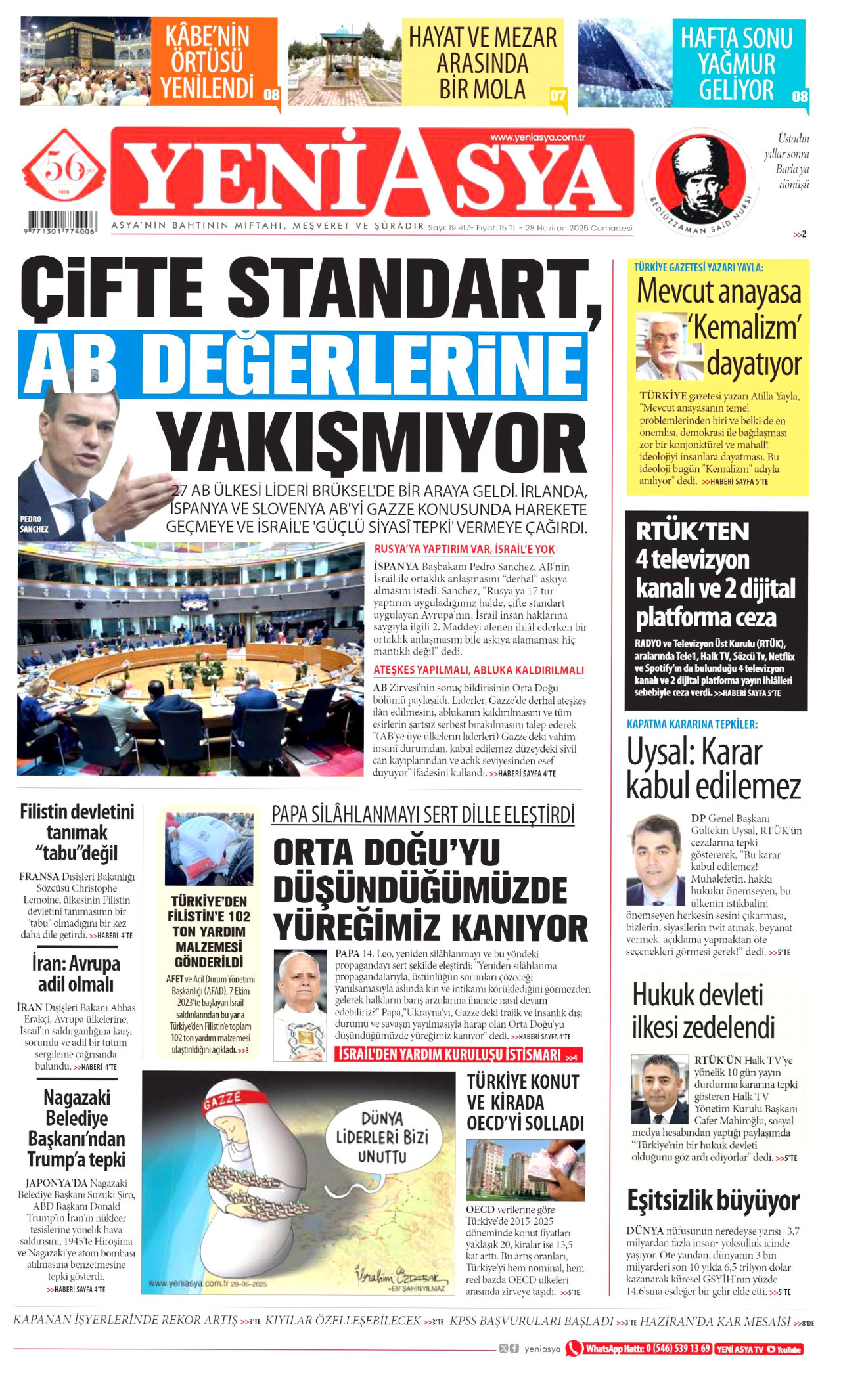 YENİ ASYA gazetesinin 28 Haziran 2025 tarihli birinci sayfası