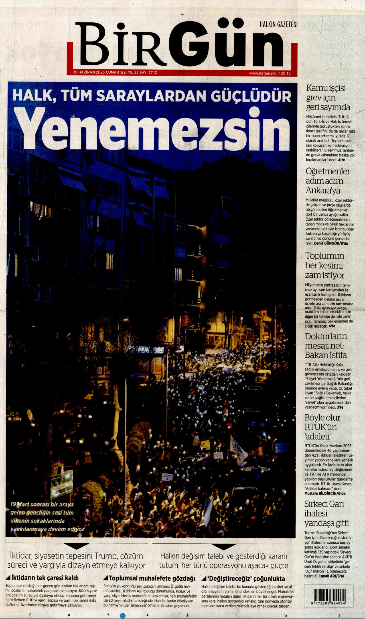 BİRGÜN gazetesinin 28 Haziran 2025 tarihli birinci sayfası