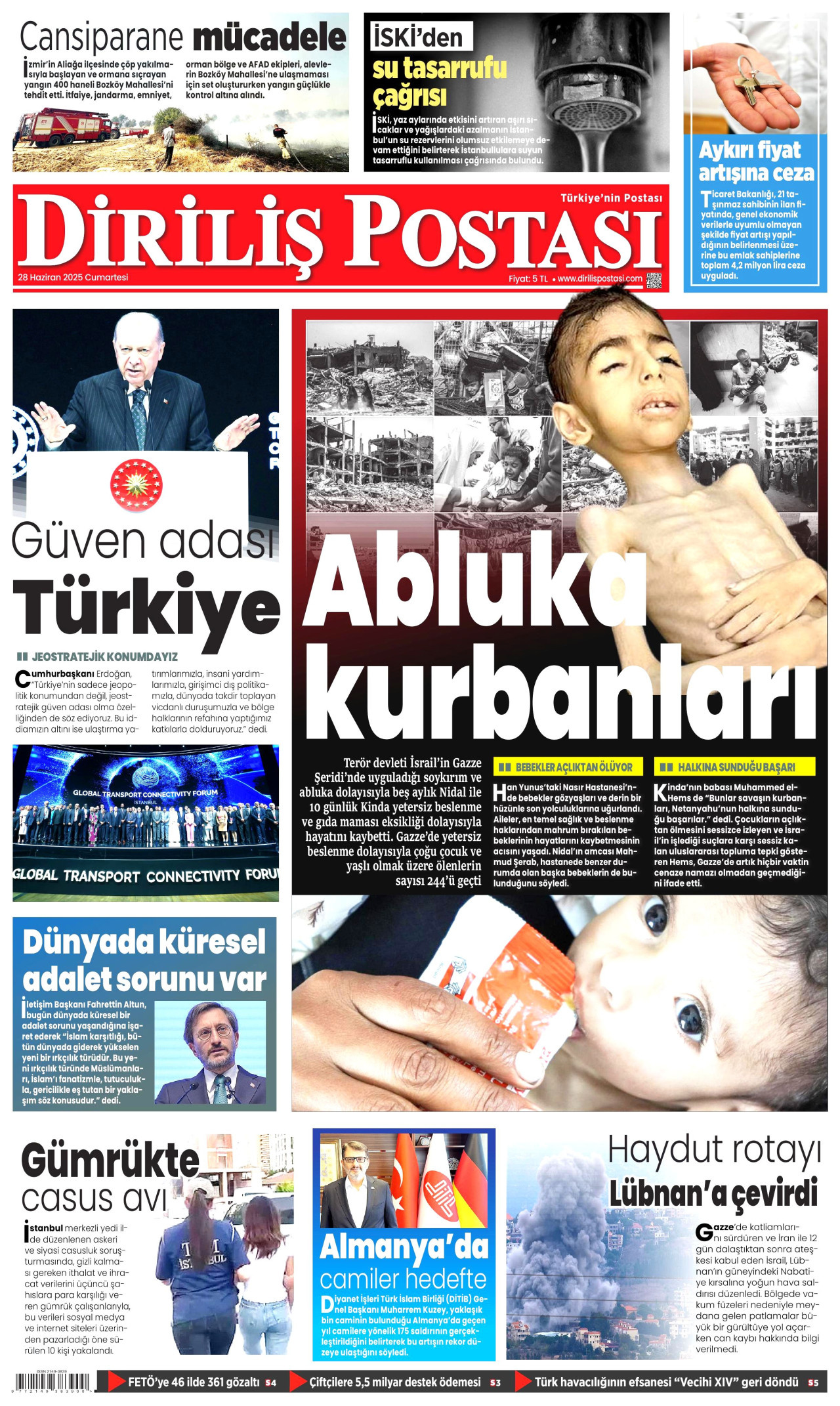 DİRİLİŞ POSTASI gazetesinin 28 Haziran 2025 tarihli birinci sayfası