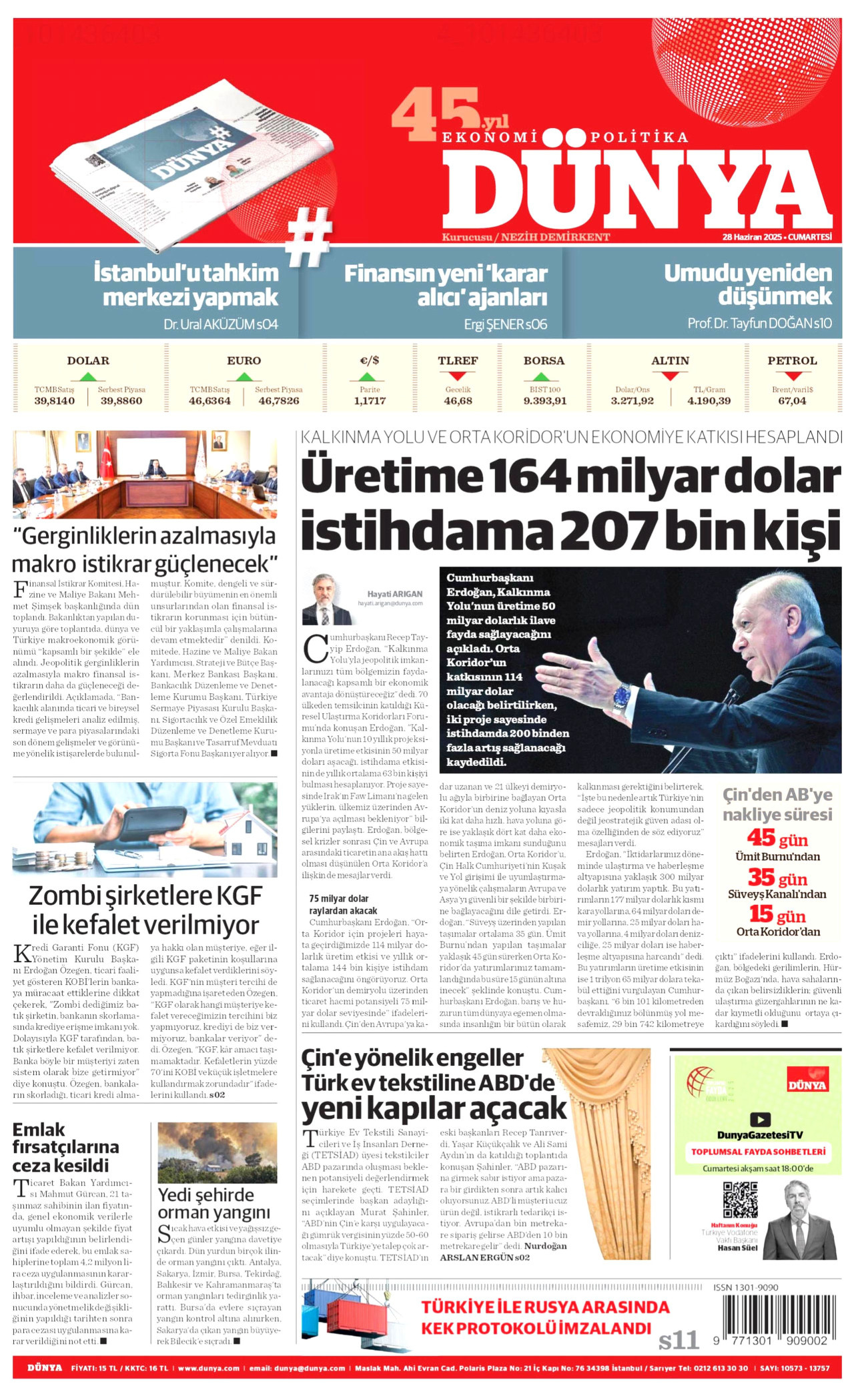 DÜNYA gazetesinin 28 Haziran 2025 tarihli birinci sayfası