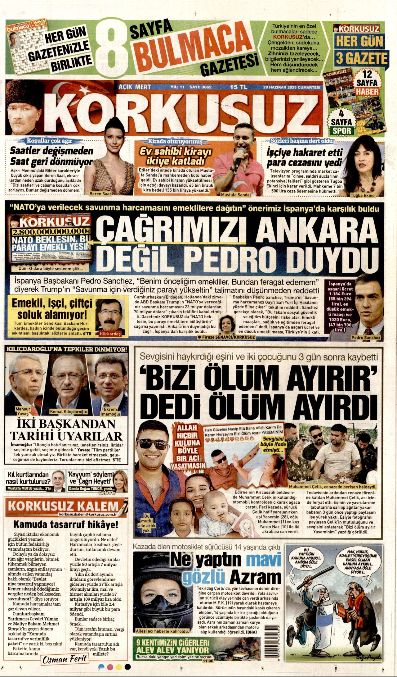 KORKUSUZ gazetesinin 28 Haziran 2025 tarihli birinci sayfası