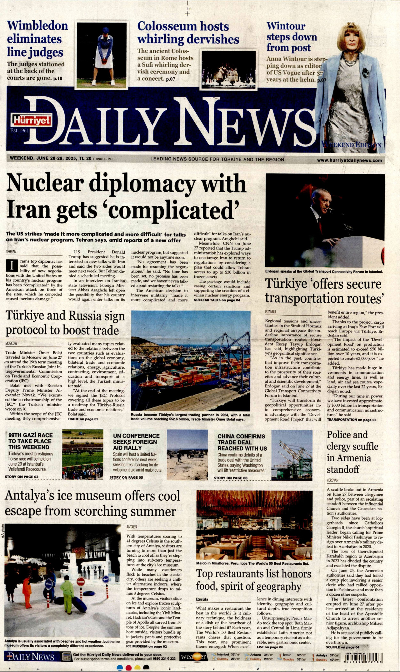HÜRRİYET DAİLY NEWS gazetesinin 28 Haziran 2025 tarihli birinci sayfası