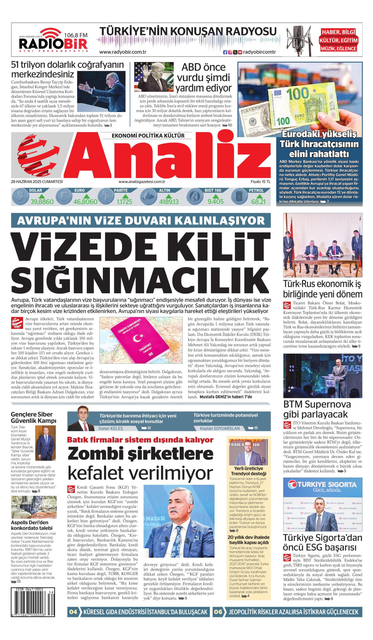 ANALİZ gazetesinin 28 Haziran 2025 tarihli birinci sayfası