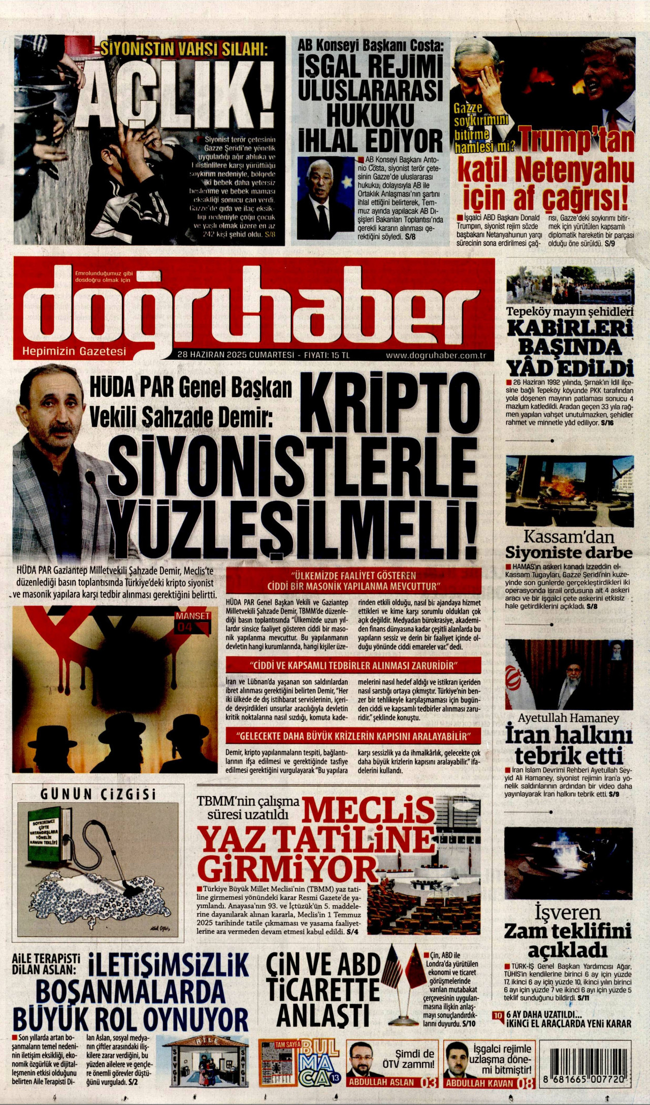 DOĞRU HABER gazetesinin 28 Haziran 2025 tarihli birinci sayfası