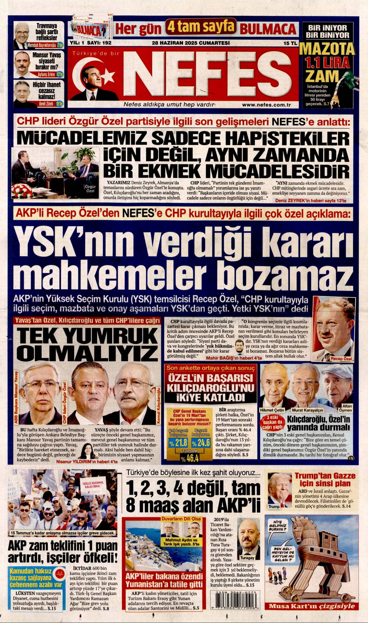 NEFES gazetesinin 28 Haziran 2025 tarihli birinci sayfası
