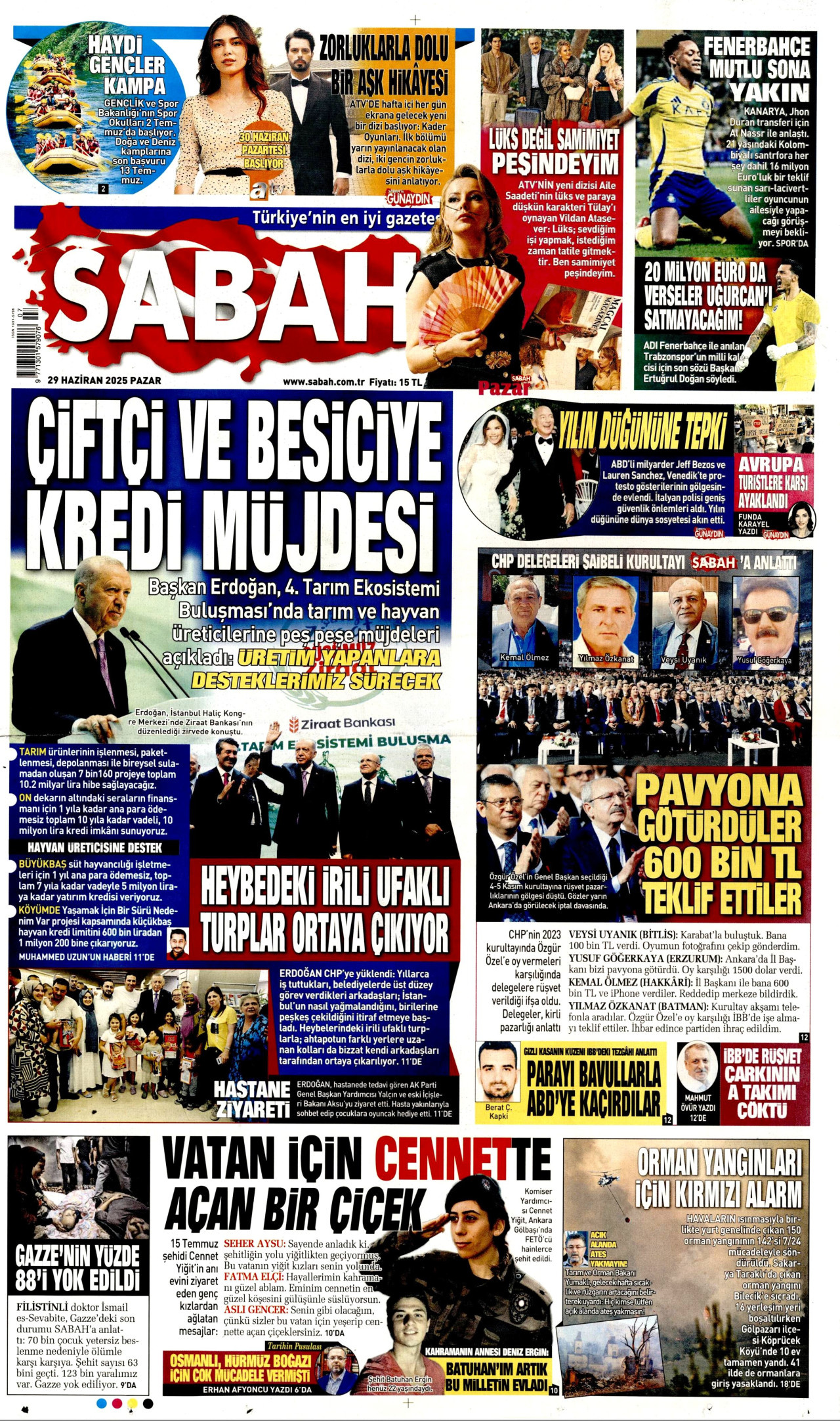 SABAH gazetesinin 29 Haziran 2025 tarihli birinci sayfası