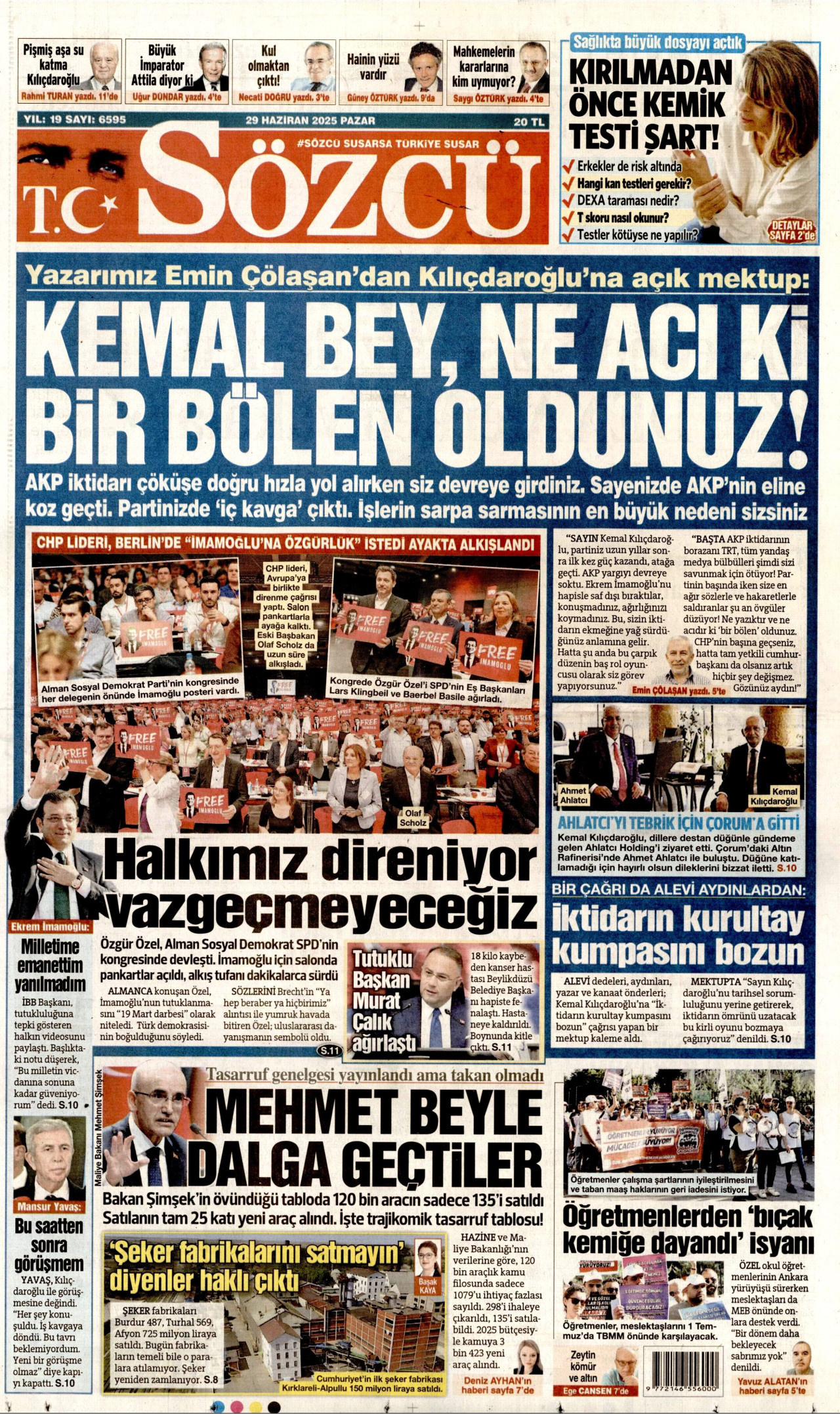 SÖZCÜ gazetesinin 29 Haziran 2025 tarihli birinci sayfası