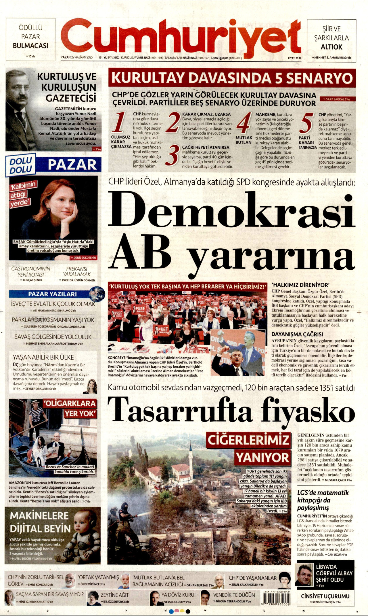 CUMHURİYET gazetesinin 29 Haziran 2025 tarihli birinci sayfası