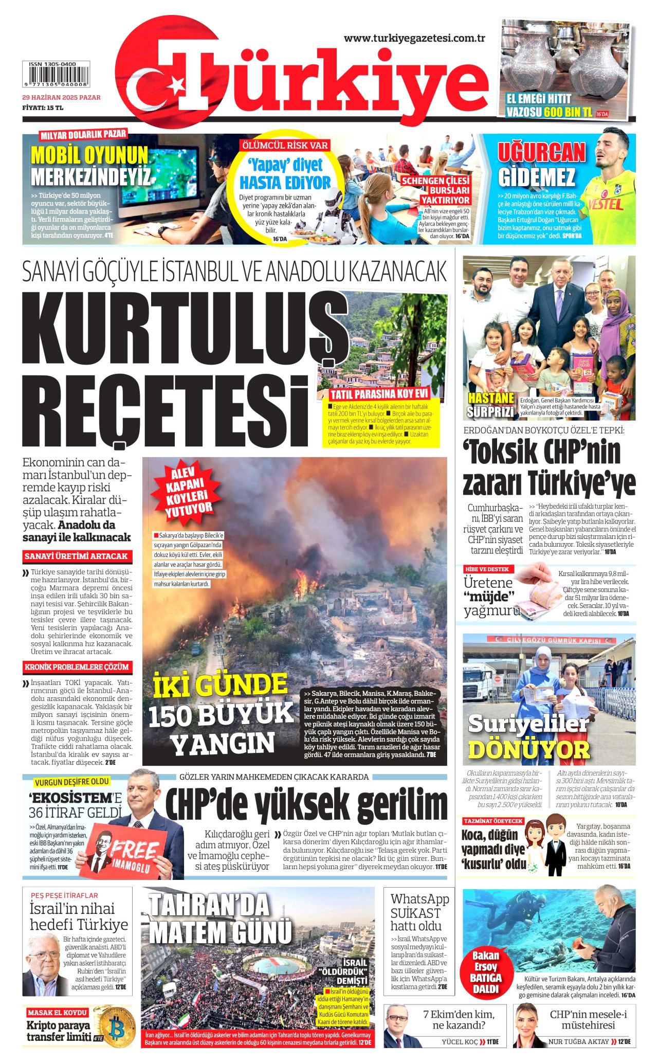 TÜRKİYE GAZETESİ gazetesinin 29 Haziran 2025 tarihli birinci sayfası