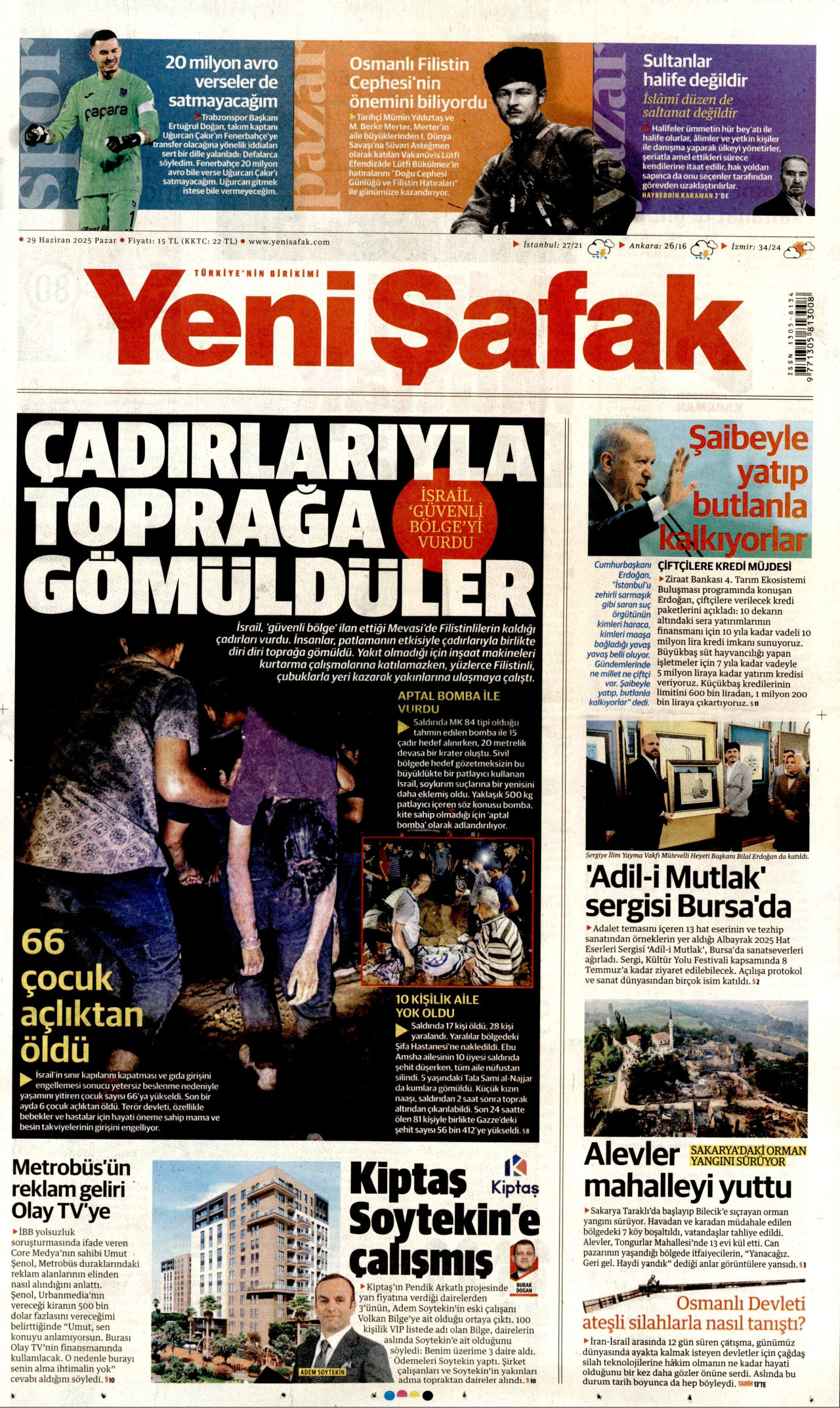 YENİ ŞAFAK gazetesinin 29 Haziran 2025 tarihli birinci sayfası