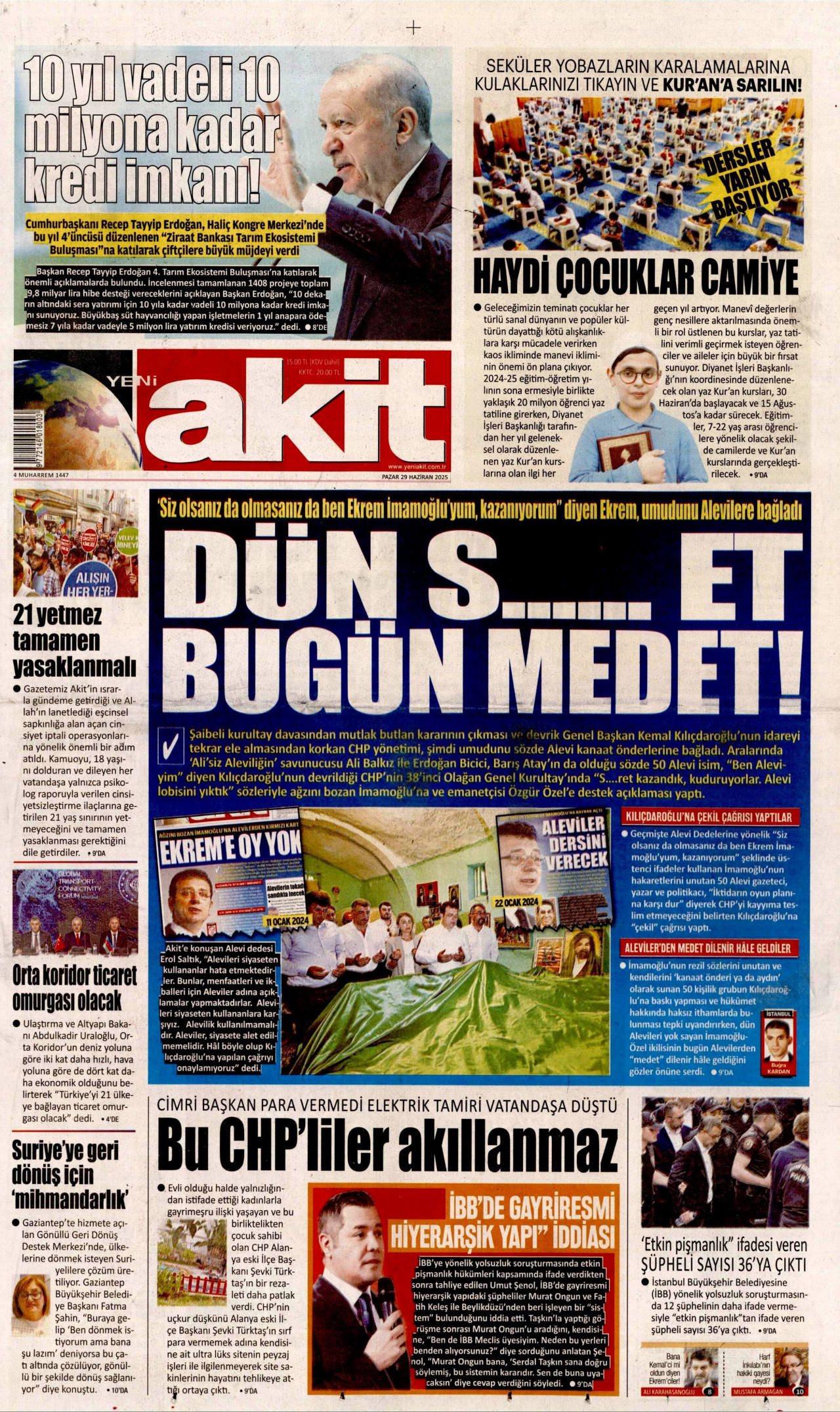 YENİ AKİT gazetesinin 29 Haziran 2025 tarihli birinci sayfası