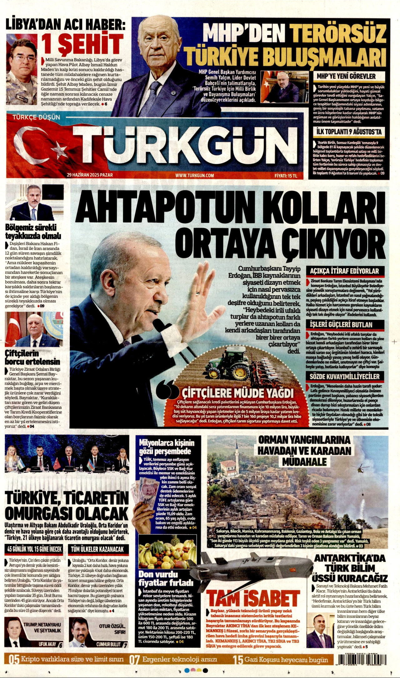 TÜRKGÜN gazetesinin 29 Haziran 2025 tarihli birinci sayfası