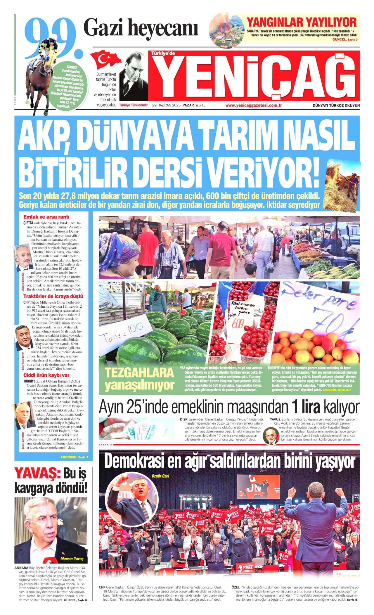 YENİÇAĞ gazetesinin 29 Haziran 2025 tarihli birinci sayfası
