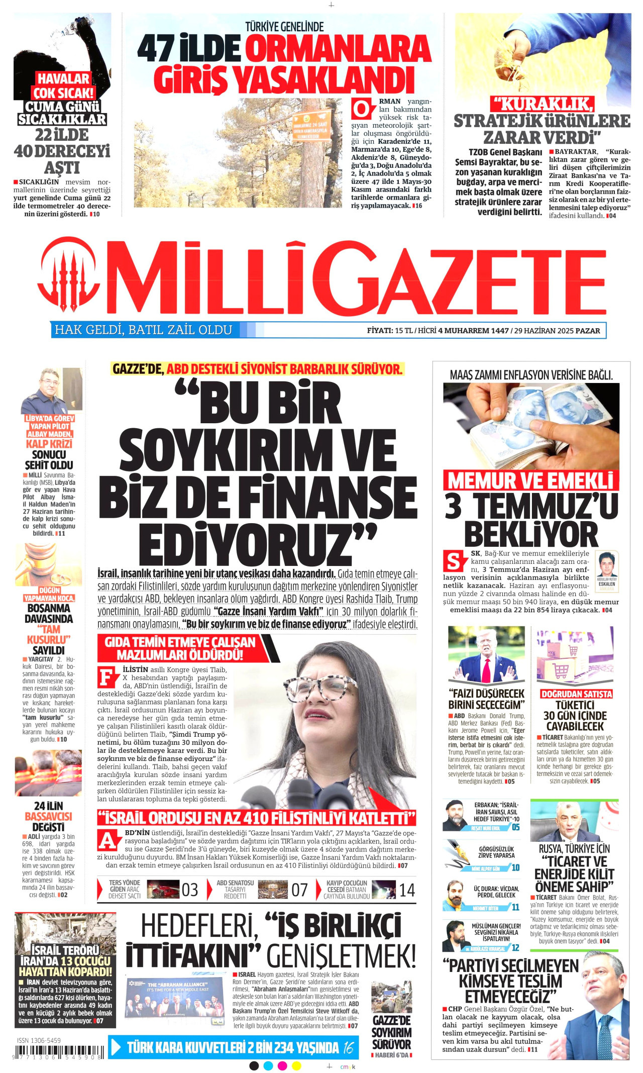 MİLLİ GAZETE gazetesinin 29 Haziran 2025 tarihli birinci sayfası