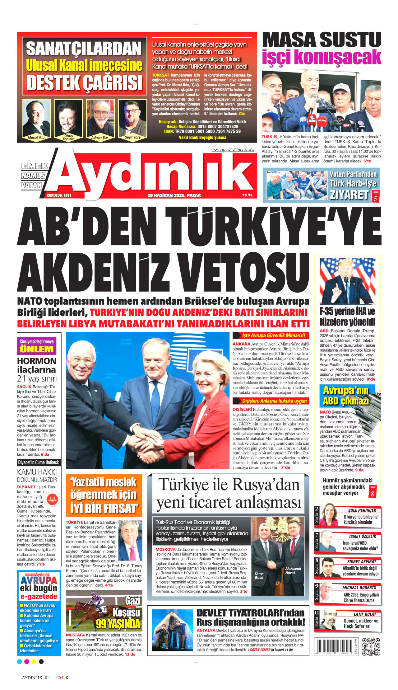 AYDINLIK GAZETESİ gazetesinin 29 Haziran 2025 tarihli birinci sayfası