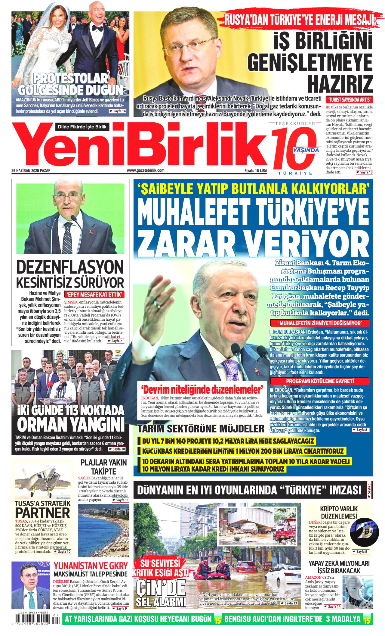 YENİBİRLİK gazetesinin 29 Haziran 2025 tarihli birinci sayfası