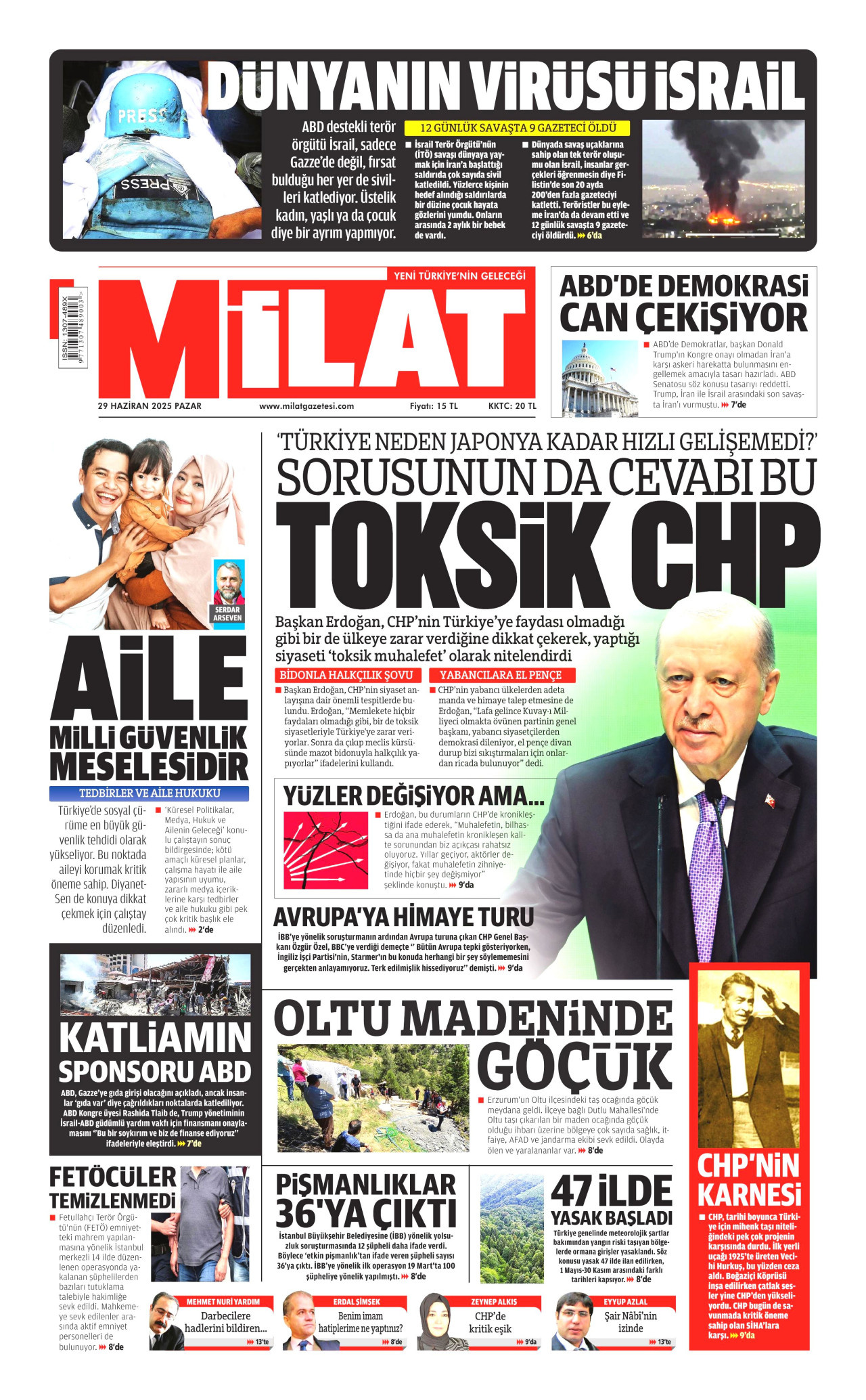 MİLAT gazetesinin 29 Haziran 2025 tarihli birinci sayfası