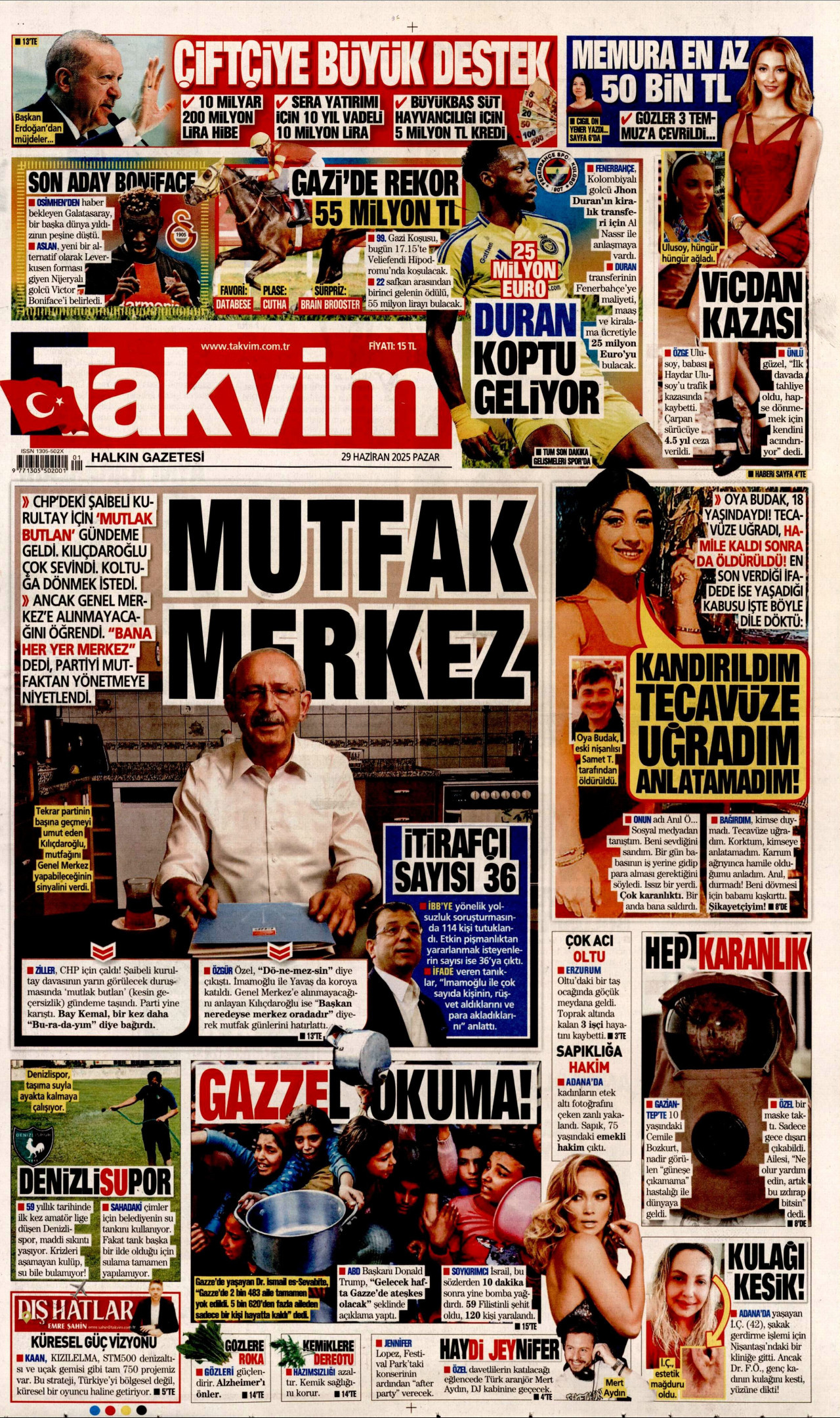 TAKVİM gazetesinin 29 Haziran 2025 tarihli birinci sayfası