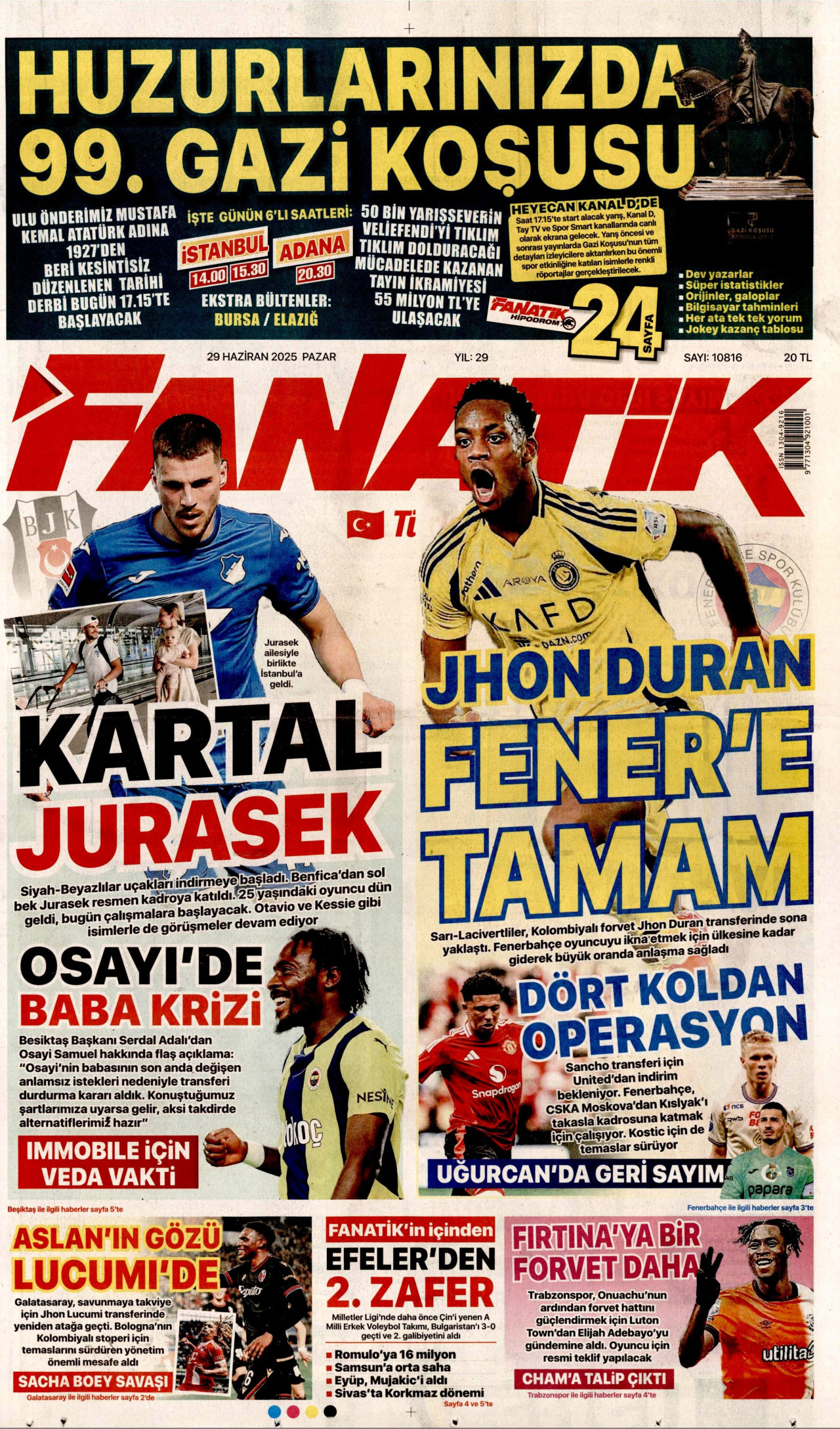 FANATİK gazetesinin 29 Haziran 2025 tarihli birinci sayfası