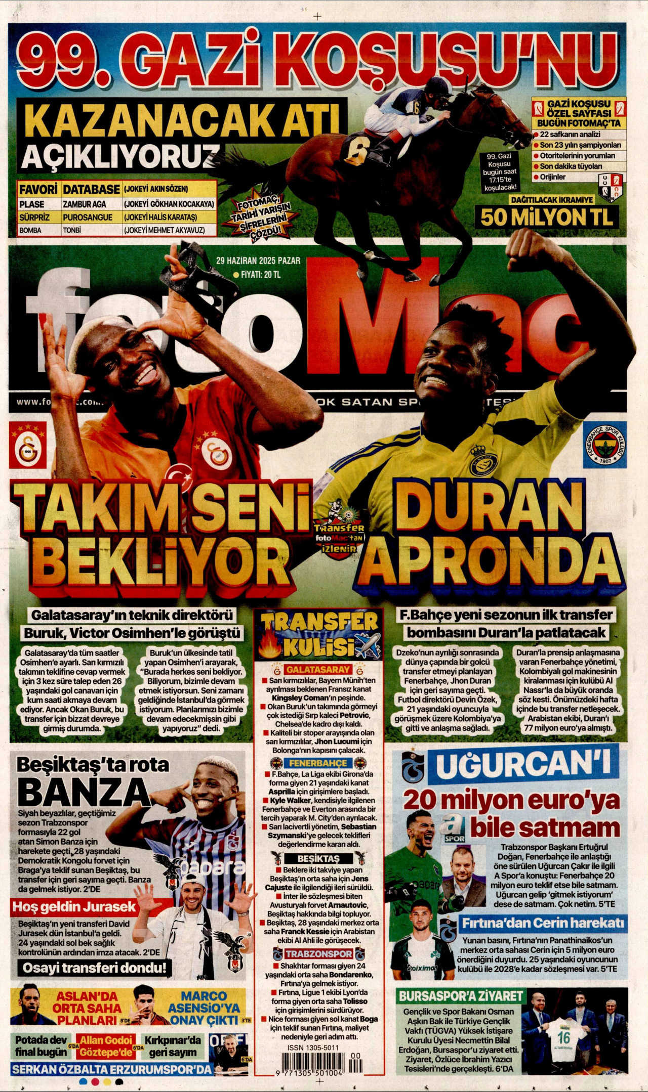 FOTOMAÇ gazetesinin 29 Haziran 2025 tarihli birinci sayfası