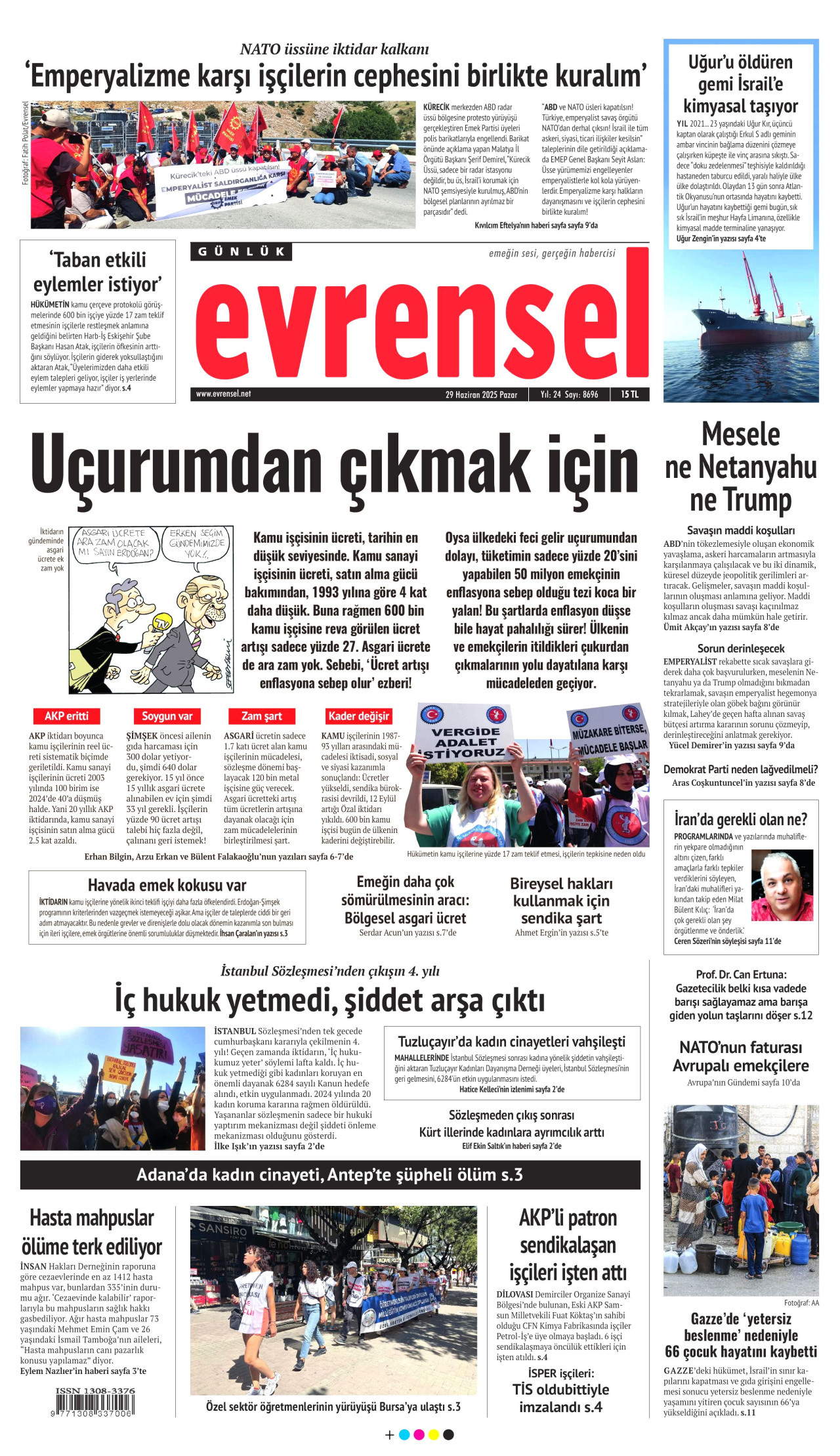 EVRENSEL gazetesinin 29 Haziran 2025 tarihli birinci sayfası