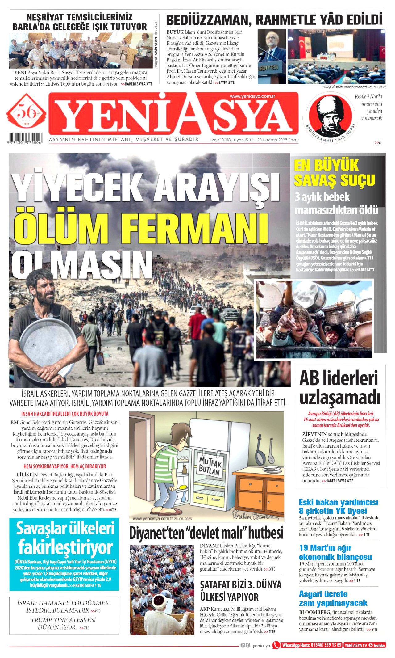 YENİ ASYA gazetesinin 29 Haziran 2025 tarihli birinci sayfası