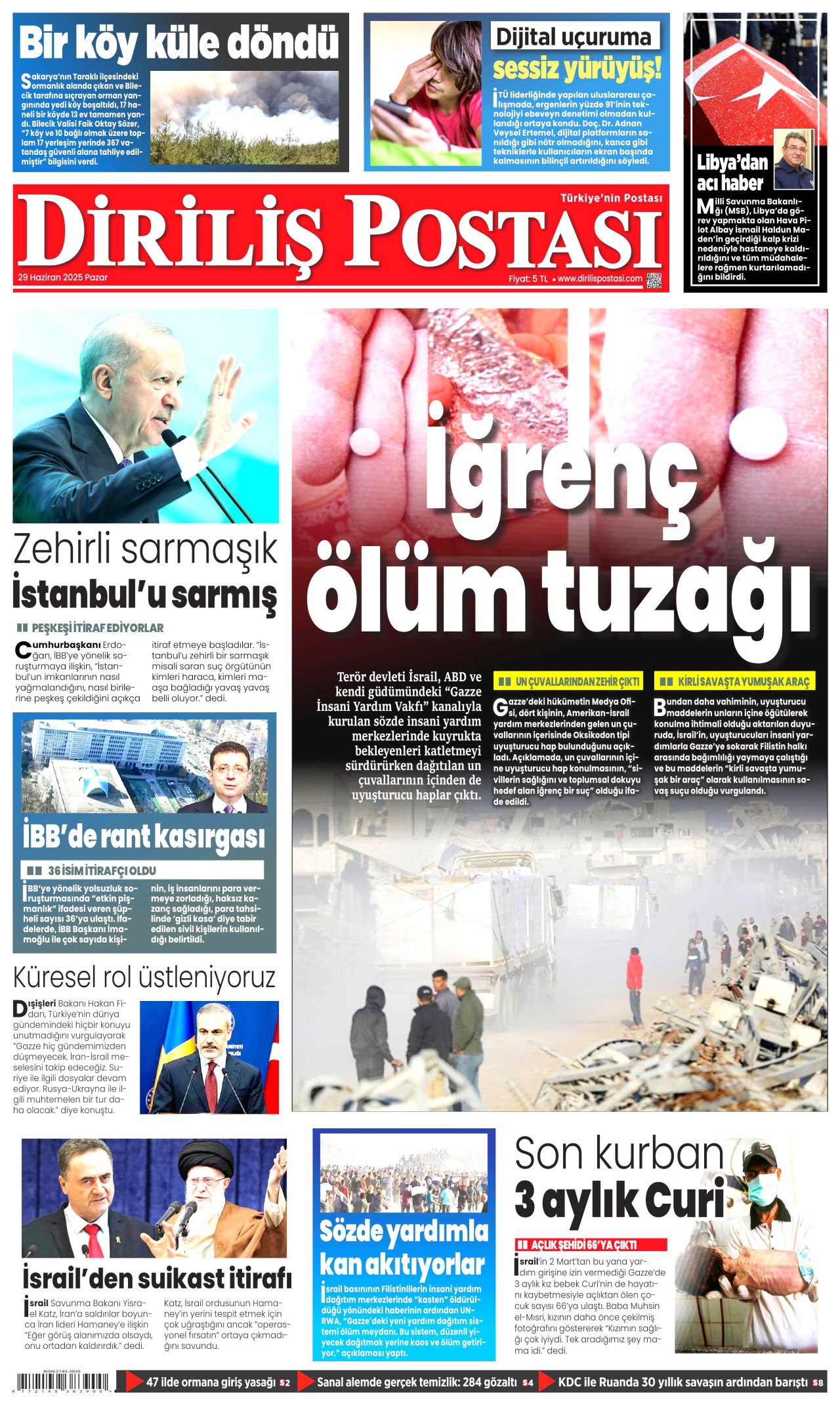 DİRİLİŞ POSTASI gazetesinin 29 Haziran 2025 tarihli birinci sayfası