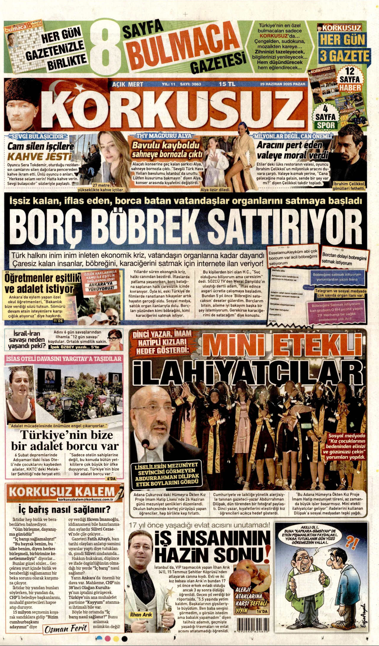 KORKUSUZ gazetesinin 29 Haziran 2025 tarihli birinci sayfası