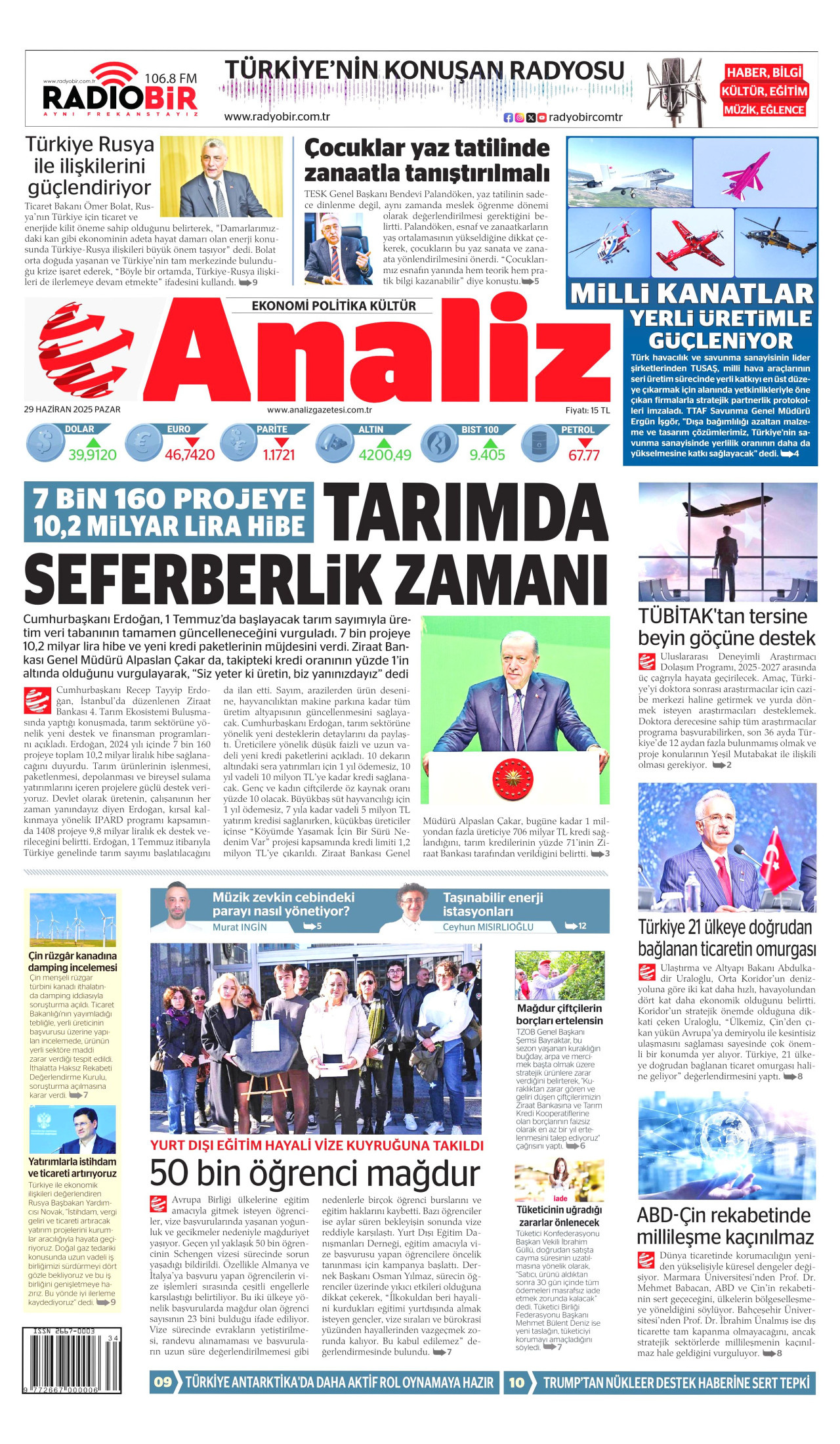 ANALİZ gazetesinin 29 Haziran 2025 tarihli birinci sayfası