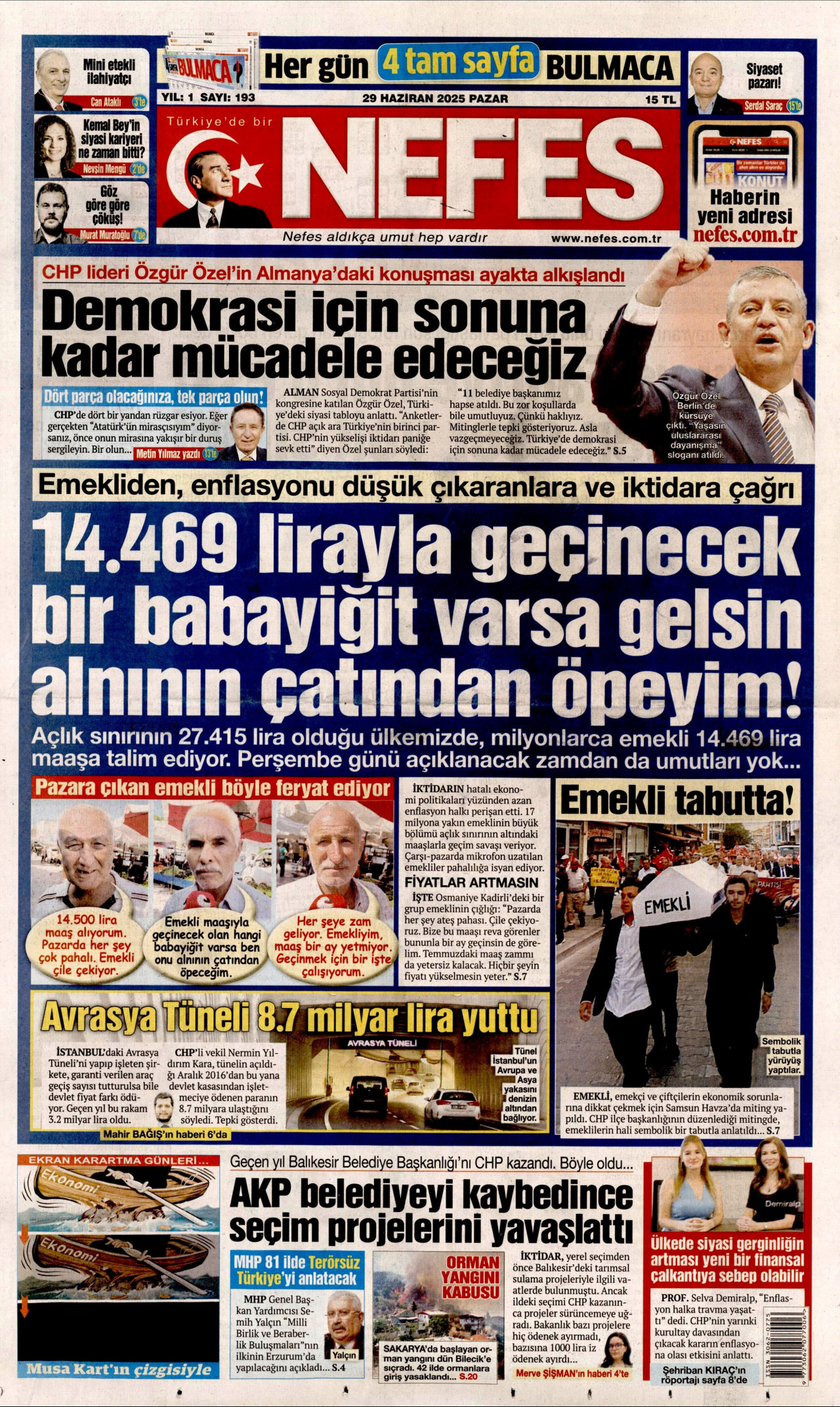 NEFES gazetesinin 29 Haziran 2025 tarihli birinci sayfası