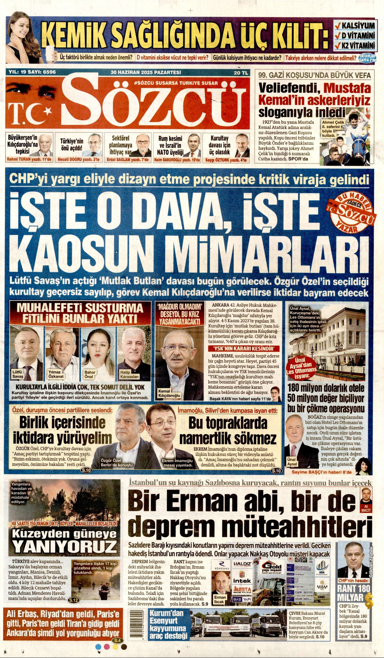 SÖZCÜ gazetesinin 30 Haziran 2025 tarihli birinci sayfası