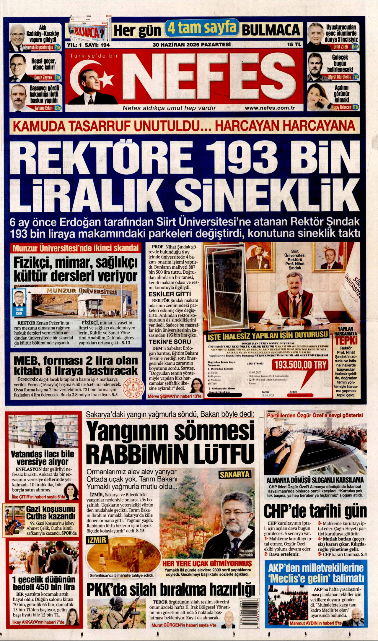 NEFES gazetesinin 30 Haziran 2025 tarihli birinci sayfası
