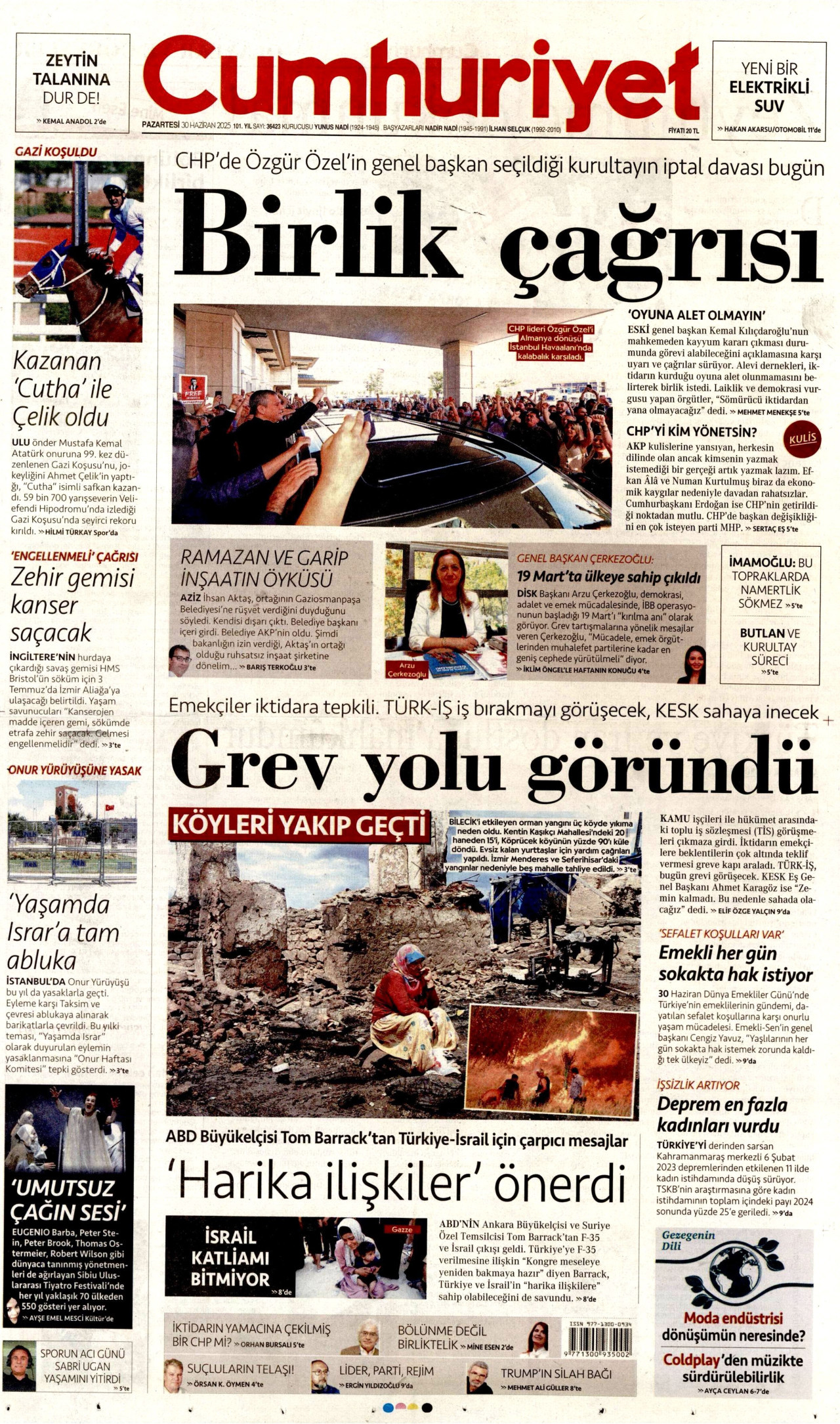 CUMHURİYET gazetesinin 30 Haziran 2025 tarihli birinci sayfası