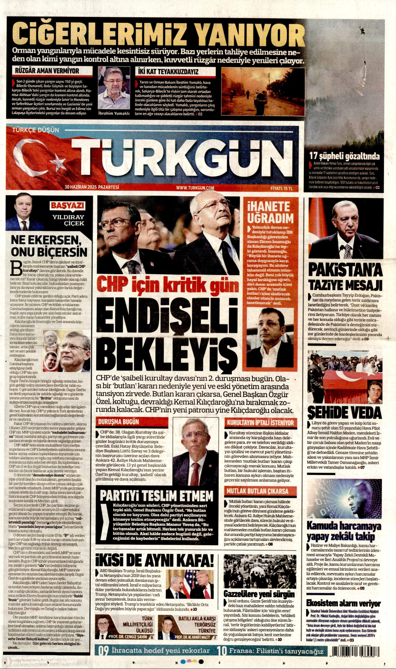 TÜRKGÜN gazetesinin 30 Haziran 2025 tarihli birinci sayfası