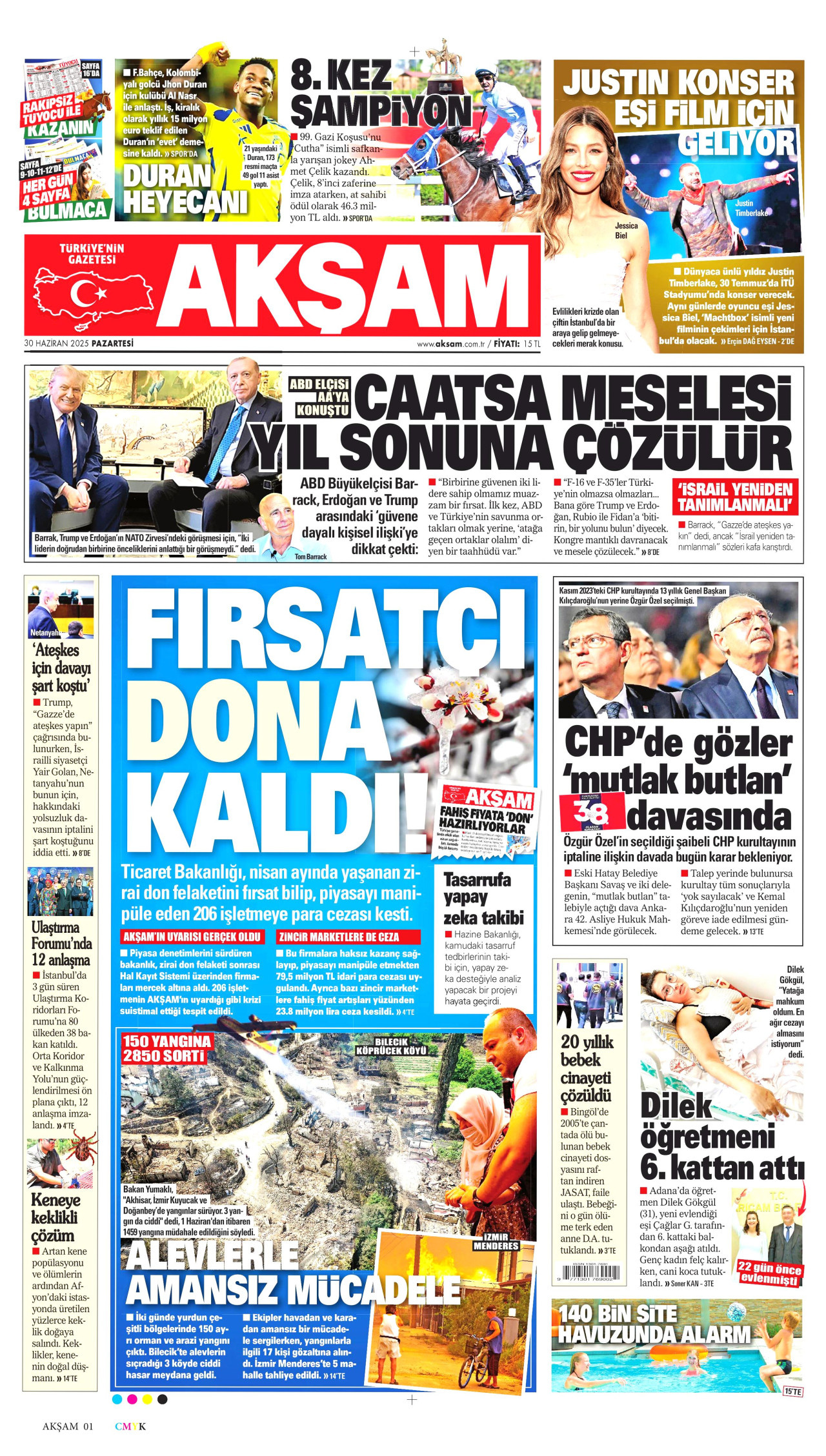 AKŞAM gazetesinin 30 Haziran 2025 tarihli birinci sayfası