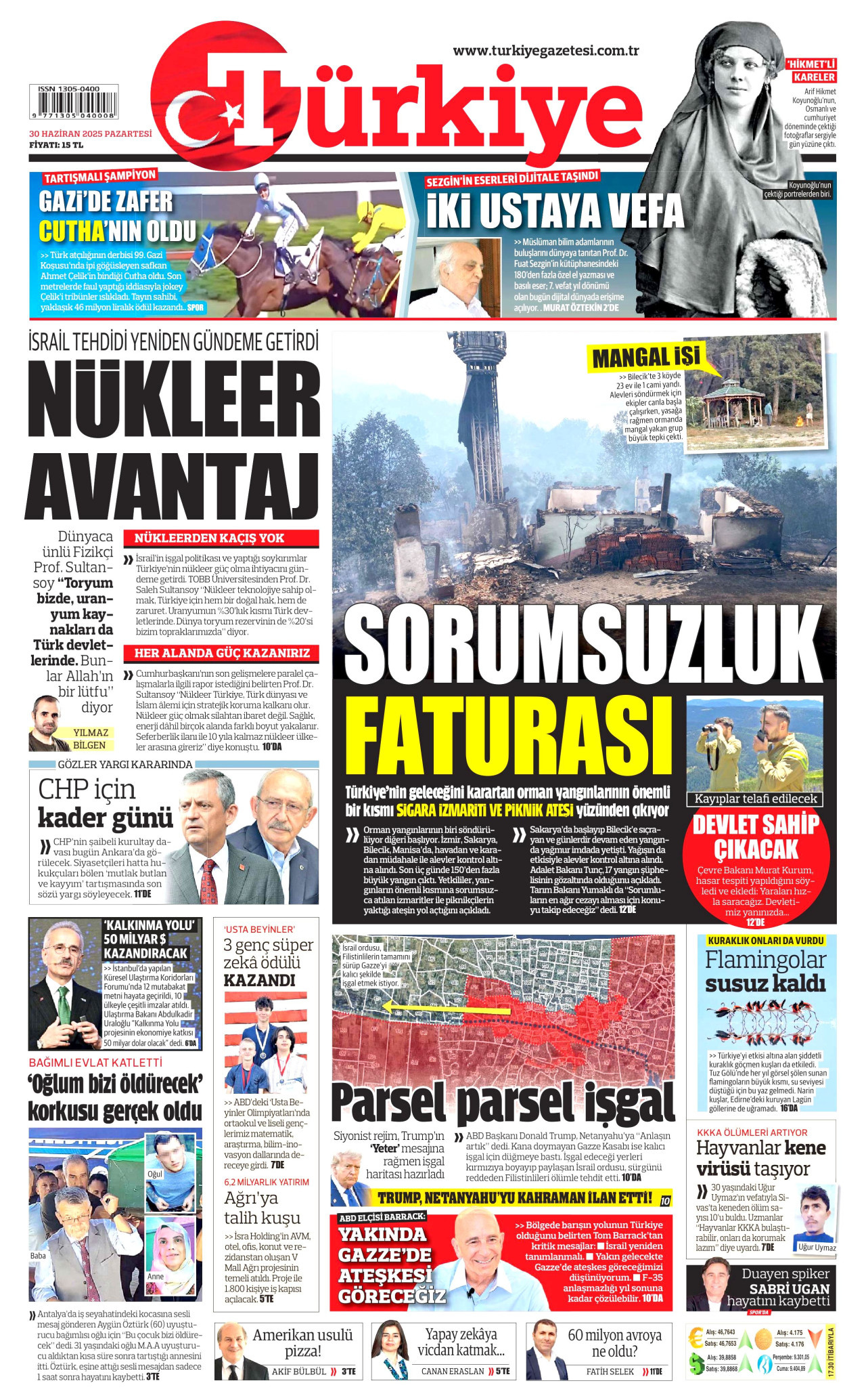 TÜRKİYE GAZETESİ gazetesinin 30 Haziran 2025 tarihli birinci sayfası