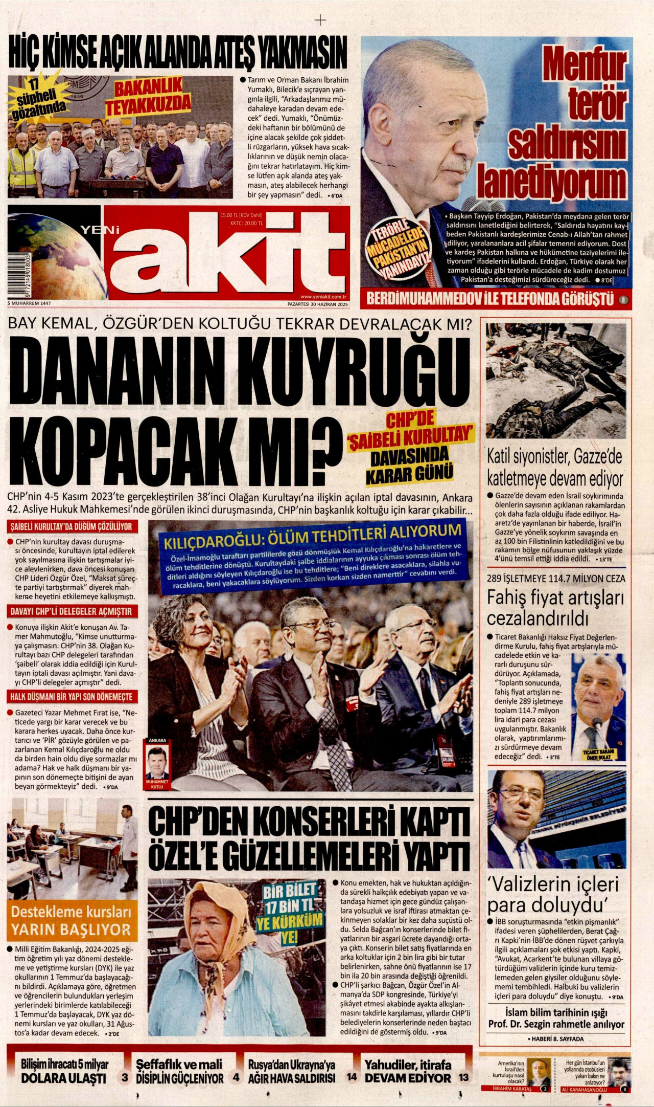 YENİ AKİT gazetesinin 30 Haziran 2025 tarihli birinci sayfası
