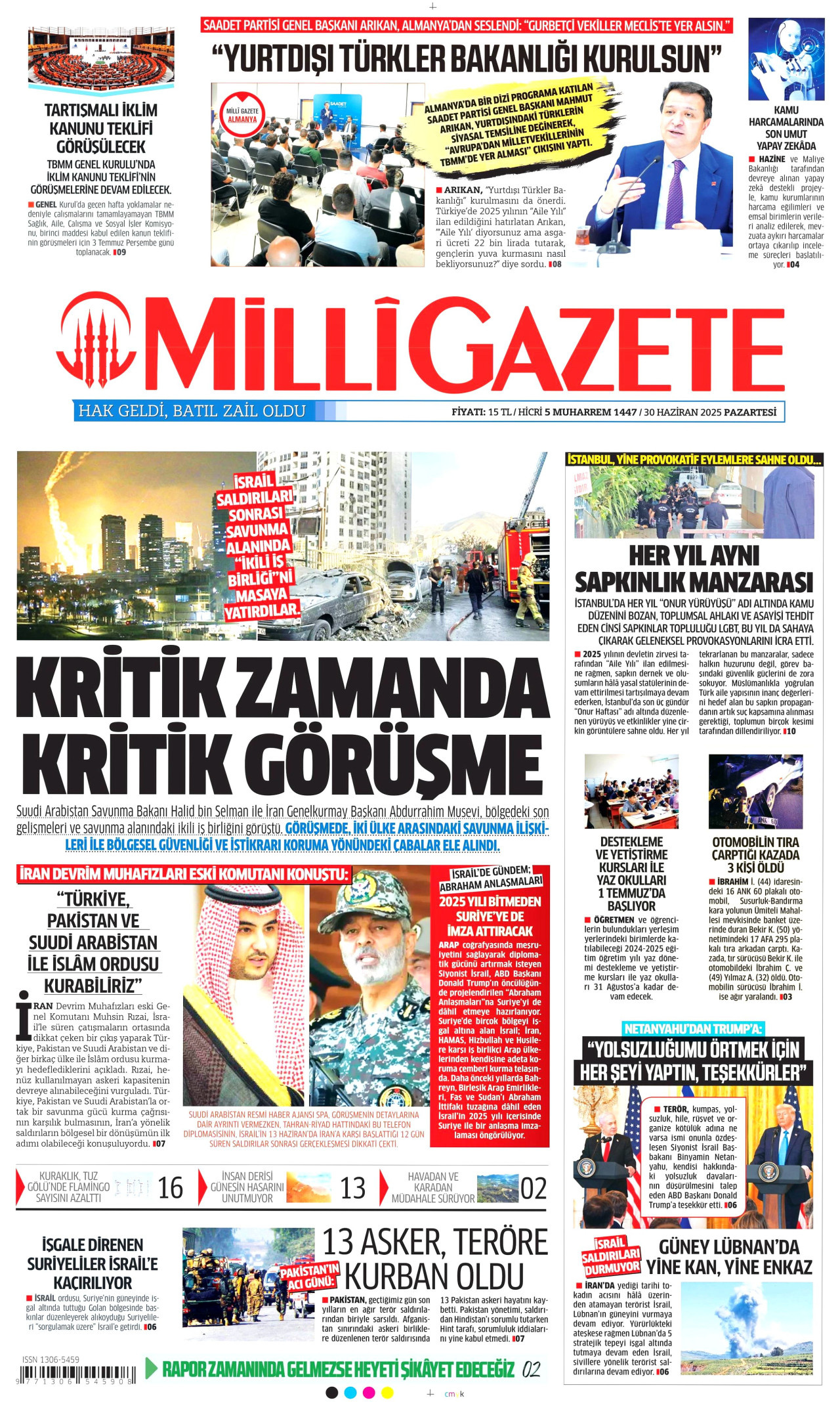 MİLLİ GAZETE gazetesinin 30 Haziran 2025 tarihli birinci sayfası