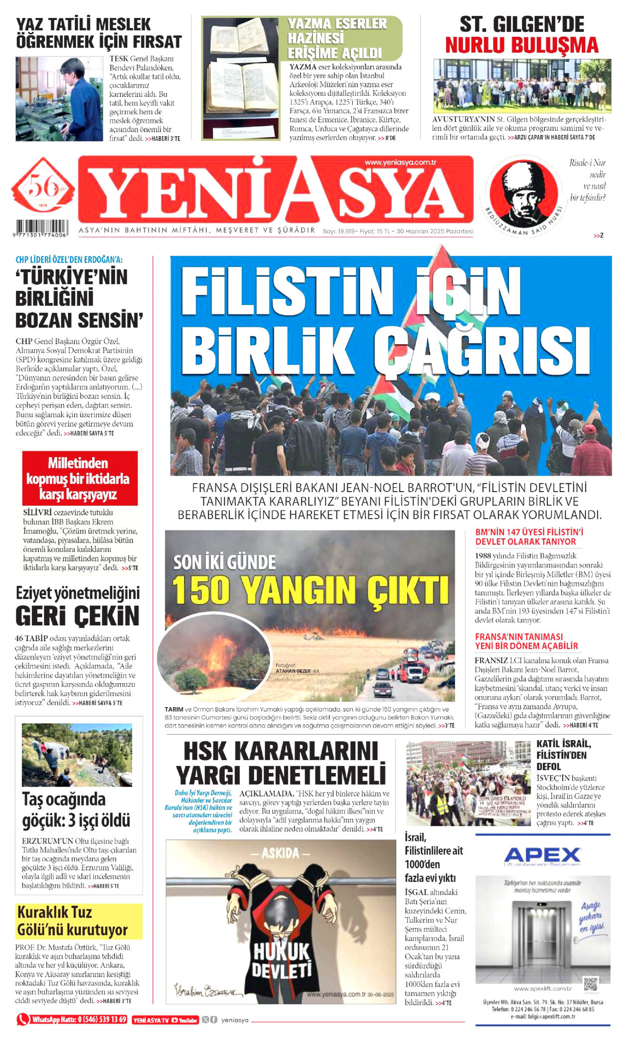YENİ ASYA gazetesinin 30 Haziran 2025 tarihli birinci sayfası
