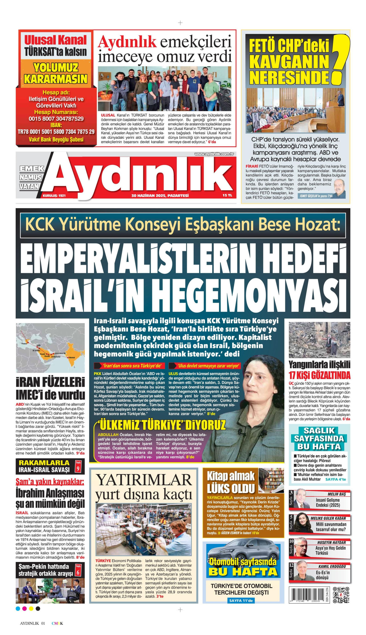 AYDINLIK GAZETESİ gazetesinin 30 Haziran 2025 tarihli birinci sayfası