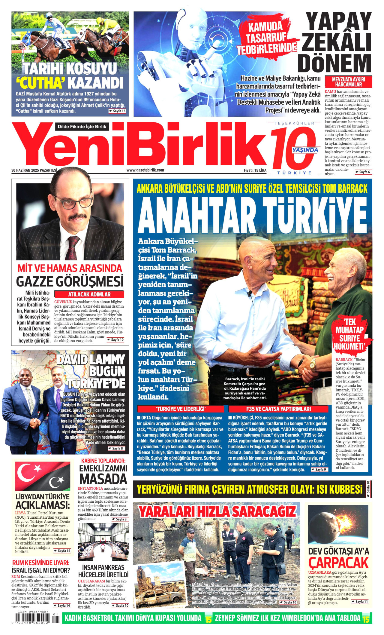 YENİBİRLİK gazetesinin 30 Haziran 2025 tarihli birinci sayfası