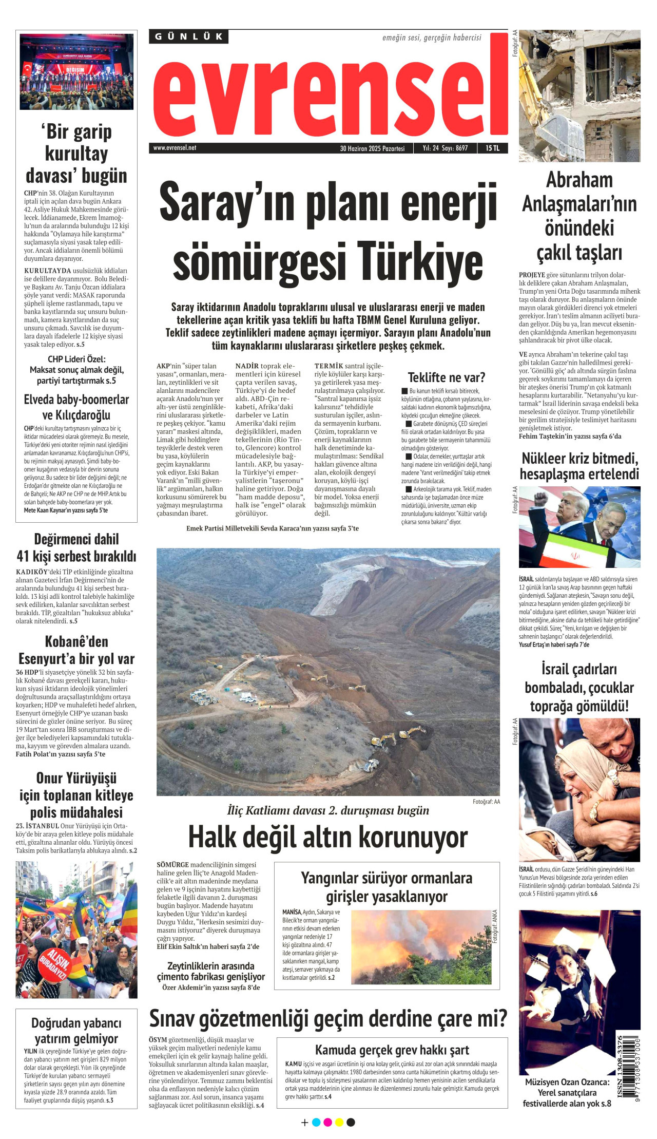 EVRENSEL gazetesinin 30 Haziran 2025 tarihli birinci sayfası