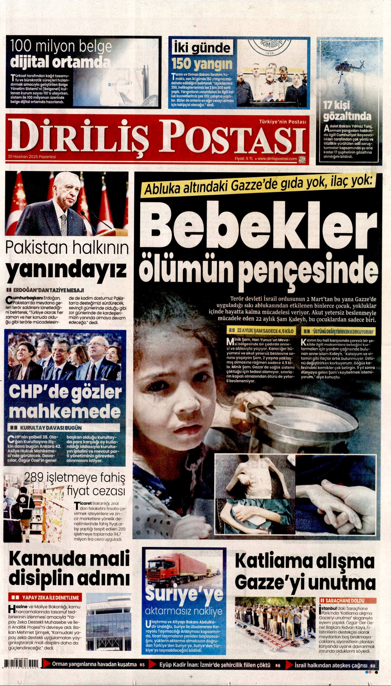 DİRİLİŞ POSTASI gazetesinin 30 Haziran 2025 tarihli birinci sayfası