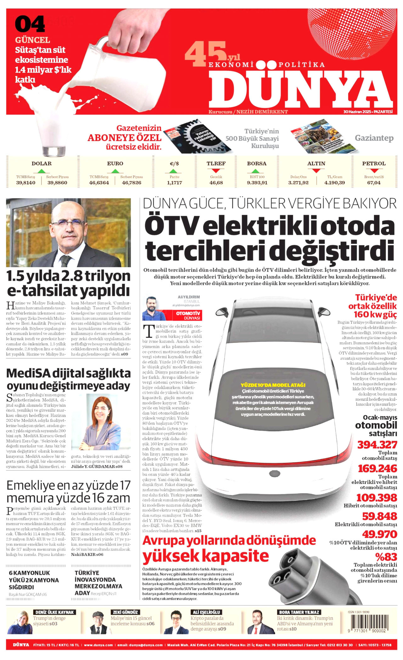 DÜNYA gazetesinin 30 Haziran 2025 tarihli birinci sayfası